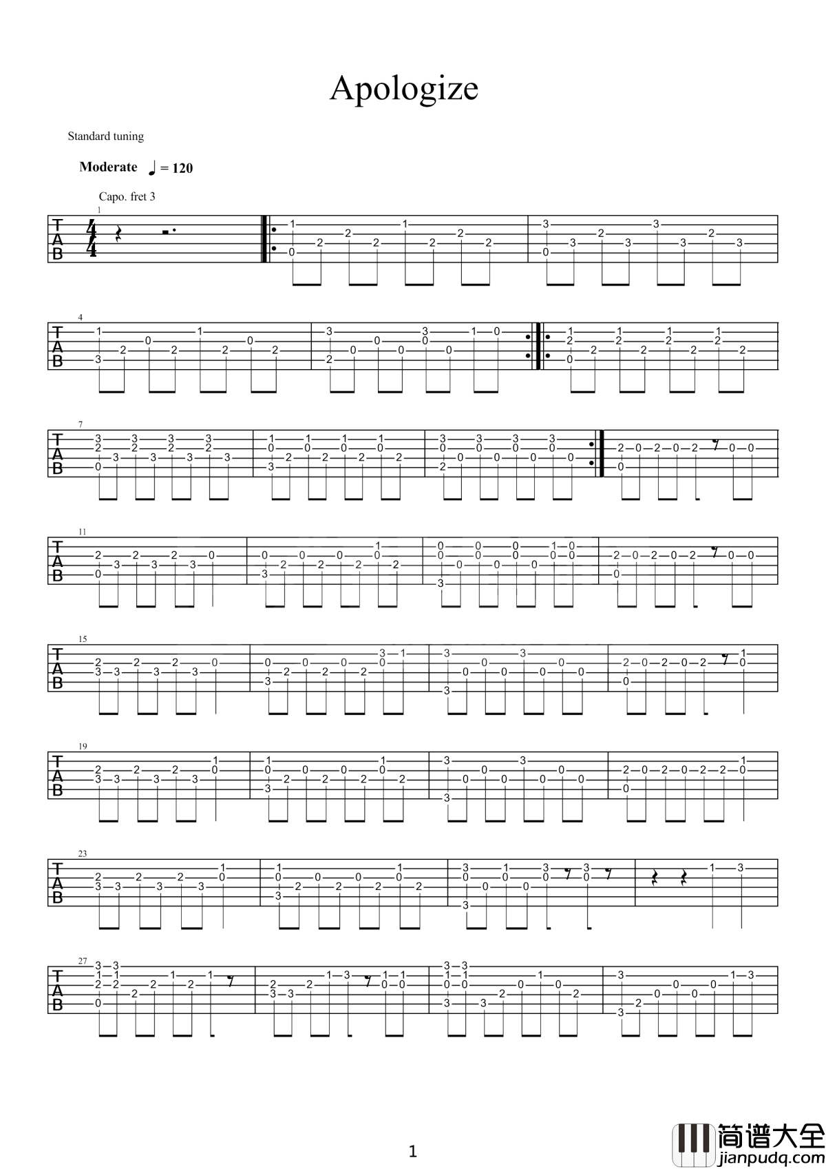 Apologize指弹吉他谱_Timbaland/OneRepublic_曾经的海誓山盟，现在却如此苍白