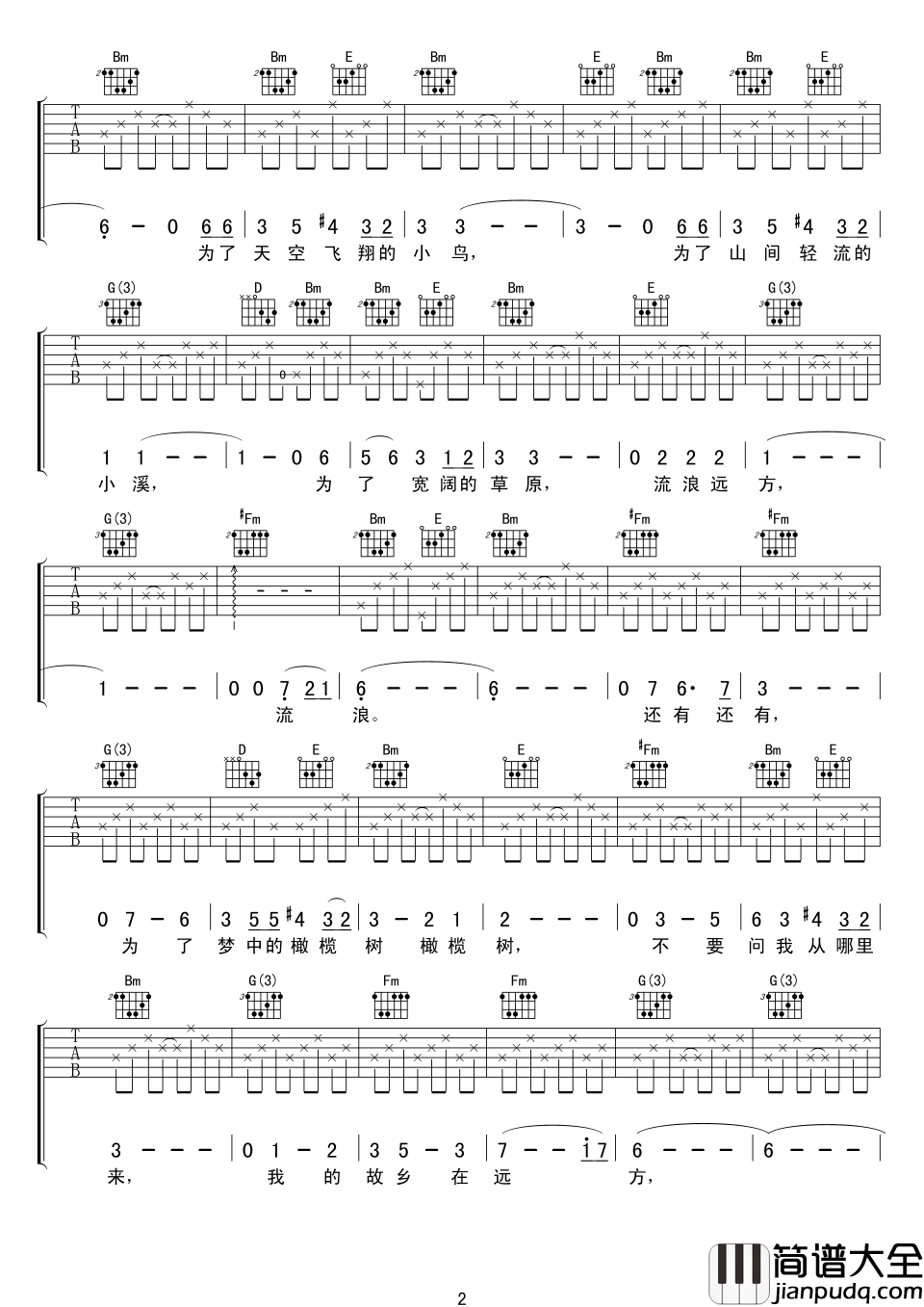 橄榄树吉他谱_齐豫_不要问我从哪里来