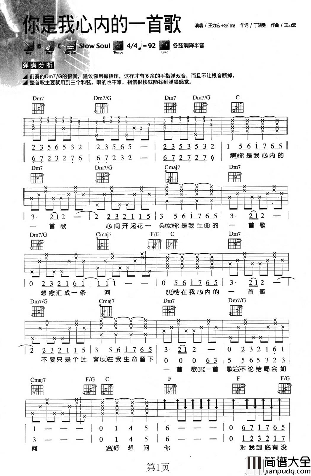 你是我心内的一首歌吉他谱_王力宏_/_Selina_世间一切只因有你存在