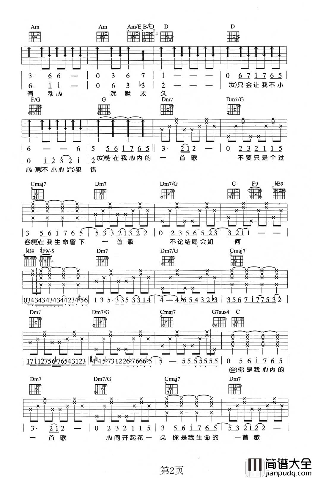 你是我心内的一首歌吉他谱_王力宏_/_Selina_世间一切只因有你存在