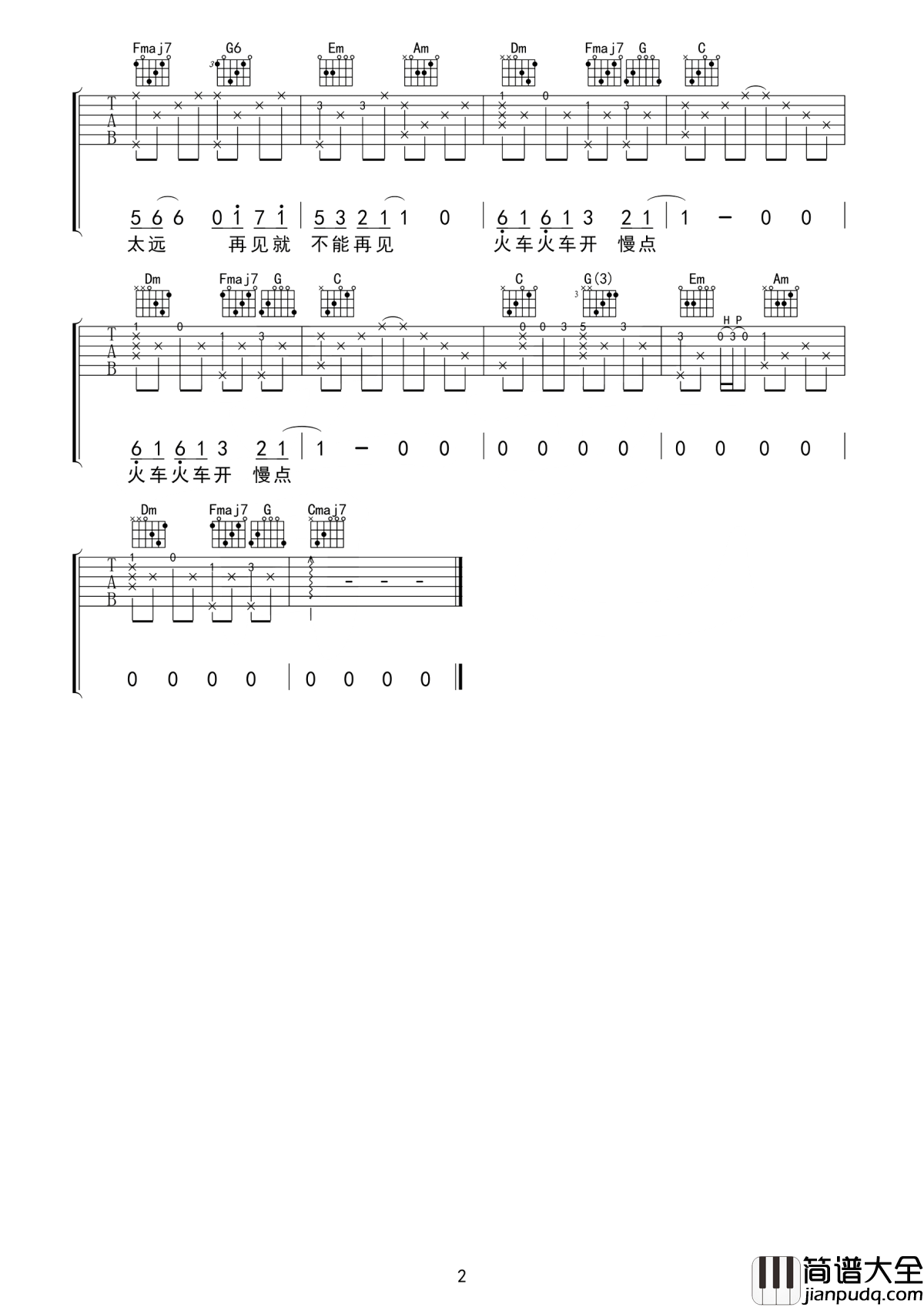 车站吉他谱_廖俊涛_再见就不能再见__火车火车开慢点