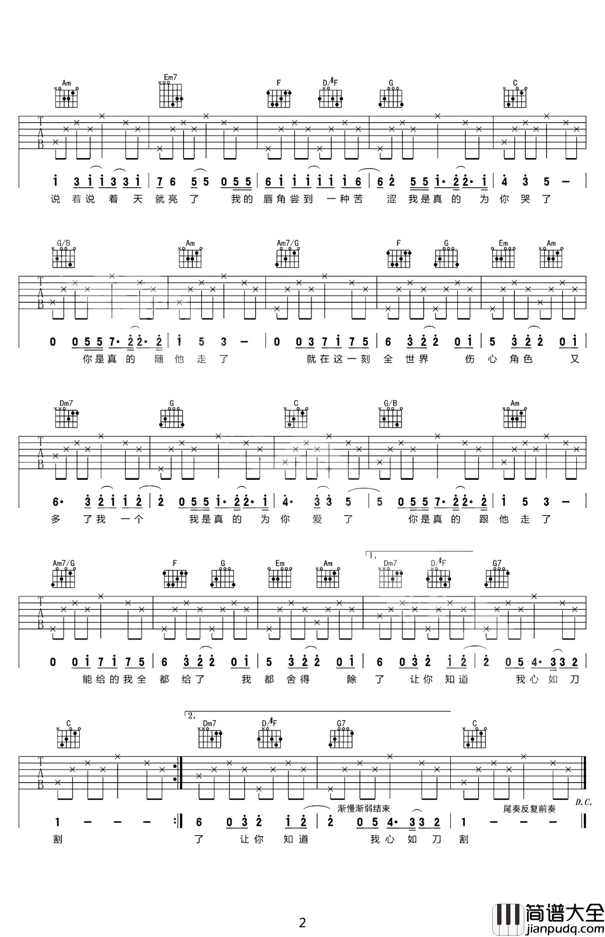 心如刀割吉他谱_张学友_当你渐行渐远,这世上便又多了一个伤心人