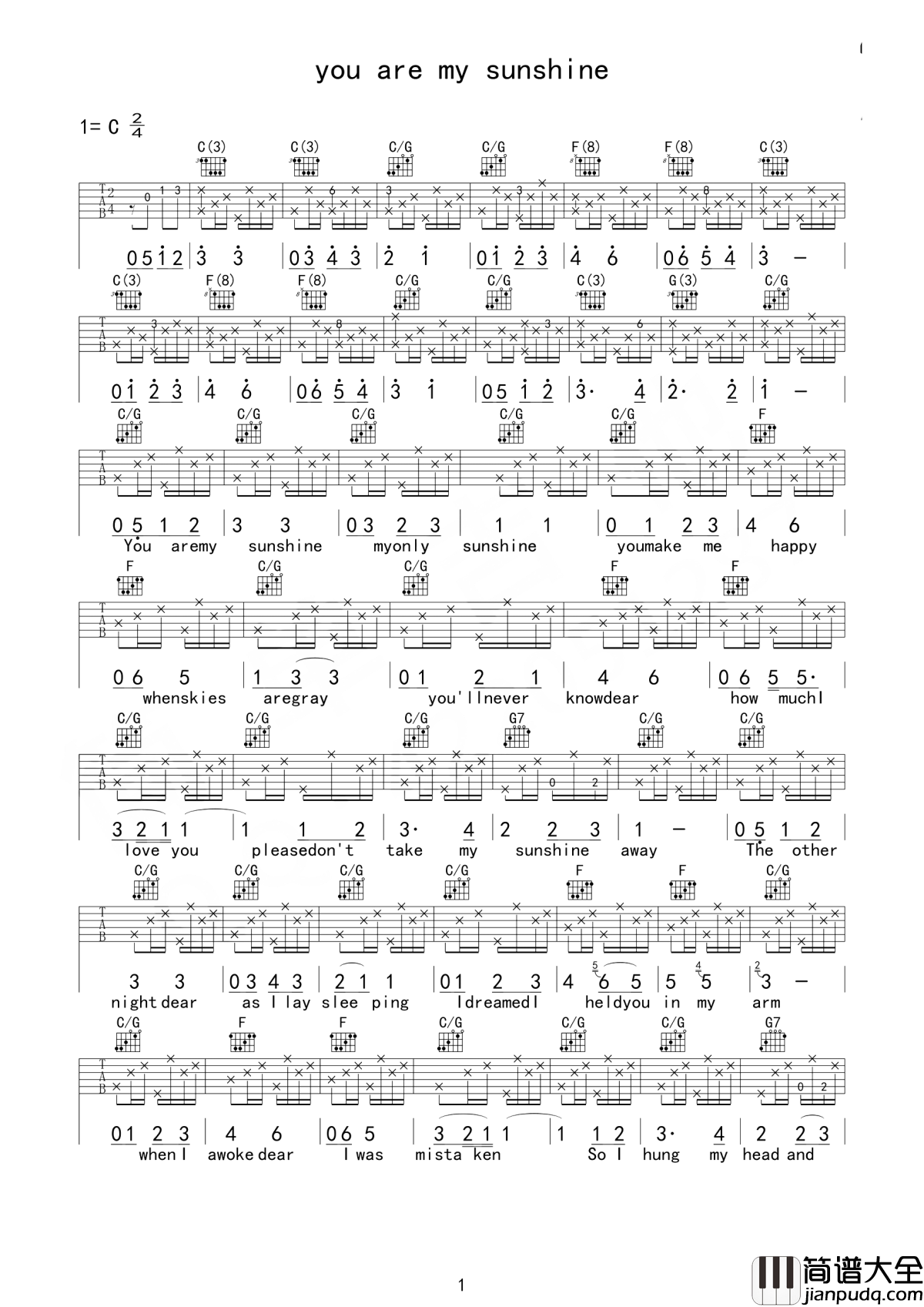 You_are_my_sunshine吉他谱_Elizabeth_Mitchell_你是我的阳光,我唯一的阳光