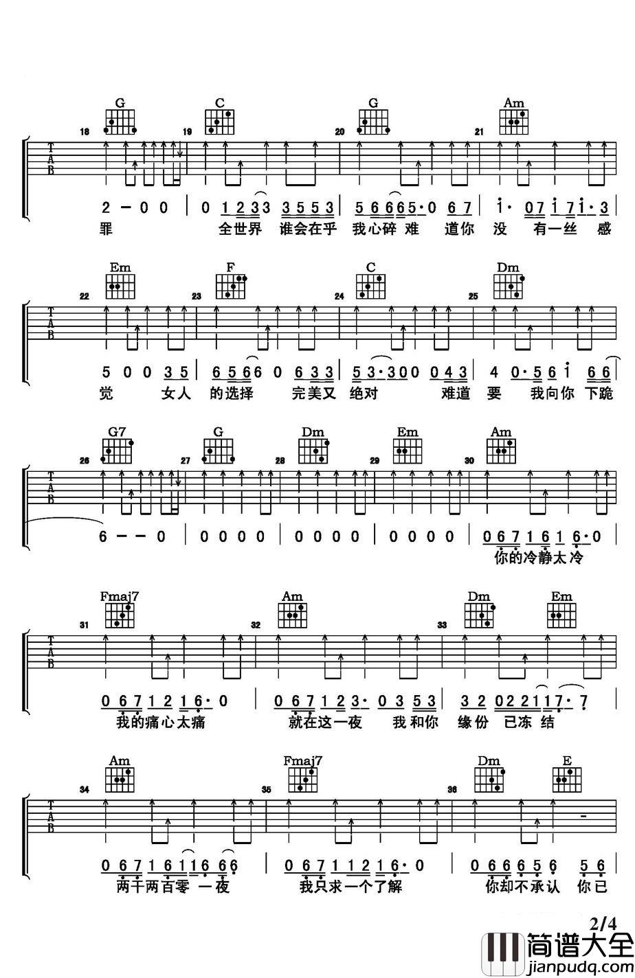 女人的选择吉他谱_姜育恒_全世界谁会在乎我心碎....