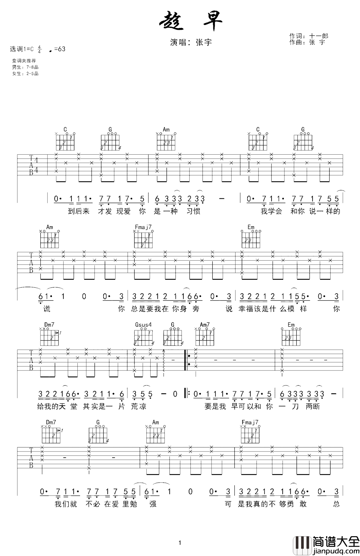 趁早吉他谱_张宇_忘了就好，不要谁心里带着伤