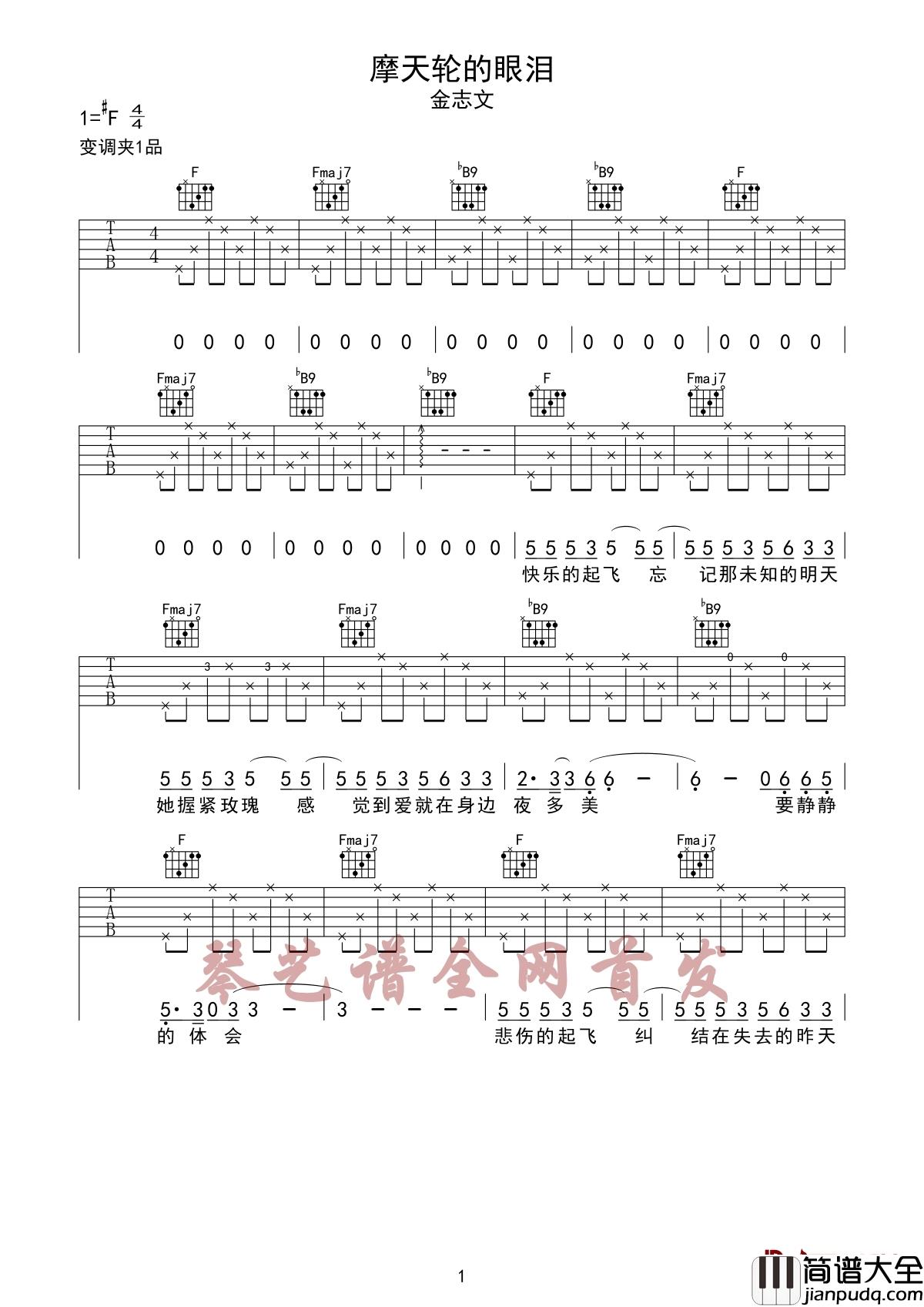 _摩天轮的眼泪吉他谱_金志文_摇滚才子的细腻柔情