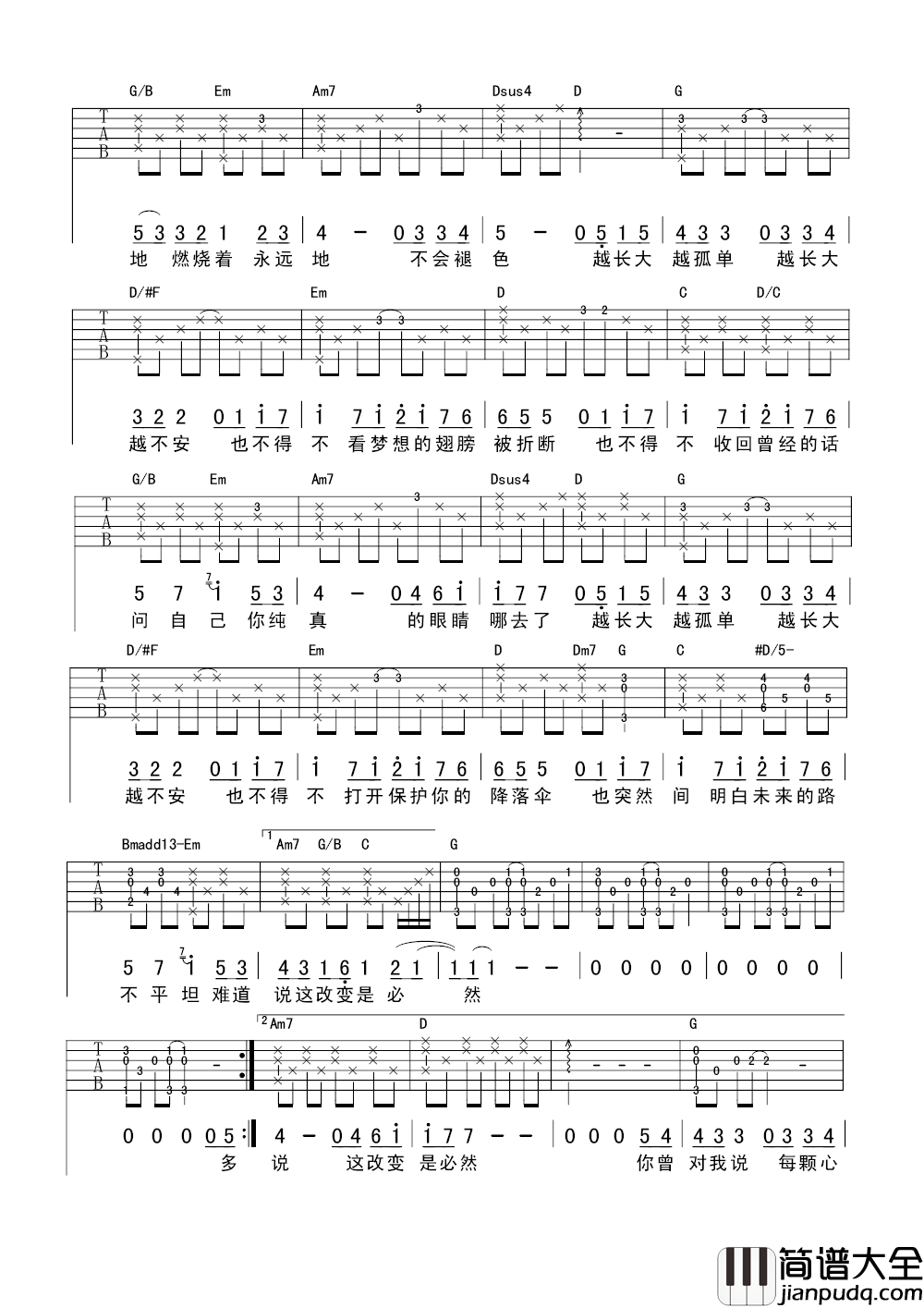 越长大越孤单吉他谱_牛奶咖啡_转身望去,我们已然长大