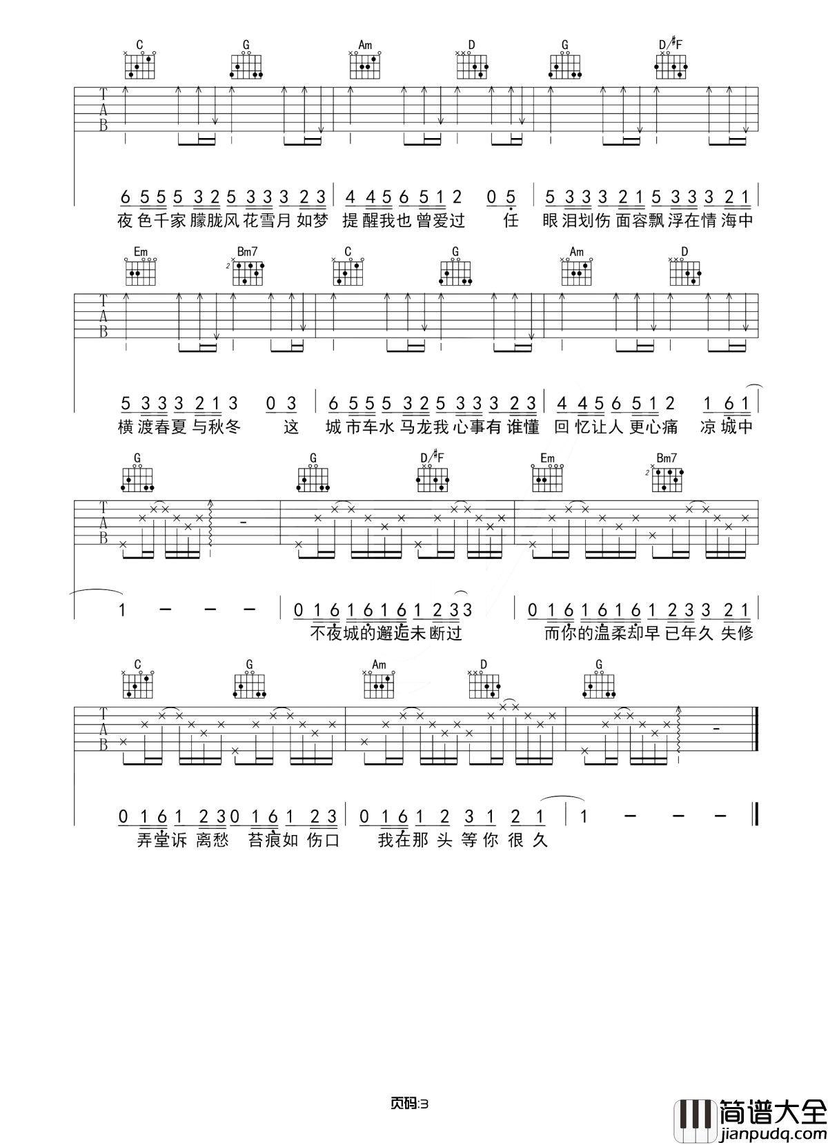 凉城吉他谱_任然_只留下我将红尘看破