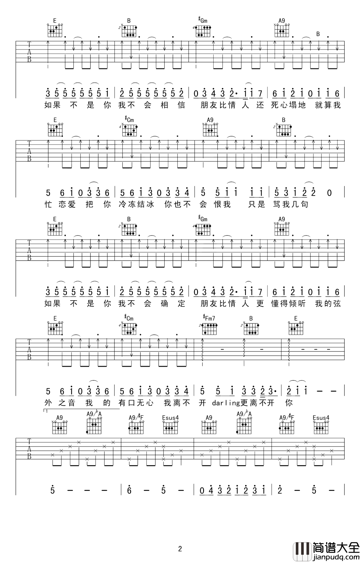 一个像夏天一个像秋天吉他谱_范玮琪_朋友比情人更懂得倾听