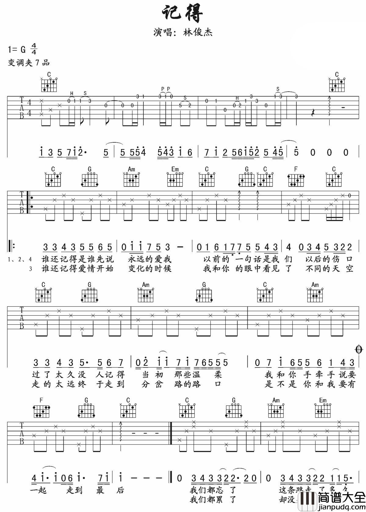 记得吉他谱_林俊杰_还记得第一次听林俊杰的记得的时候