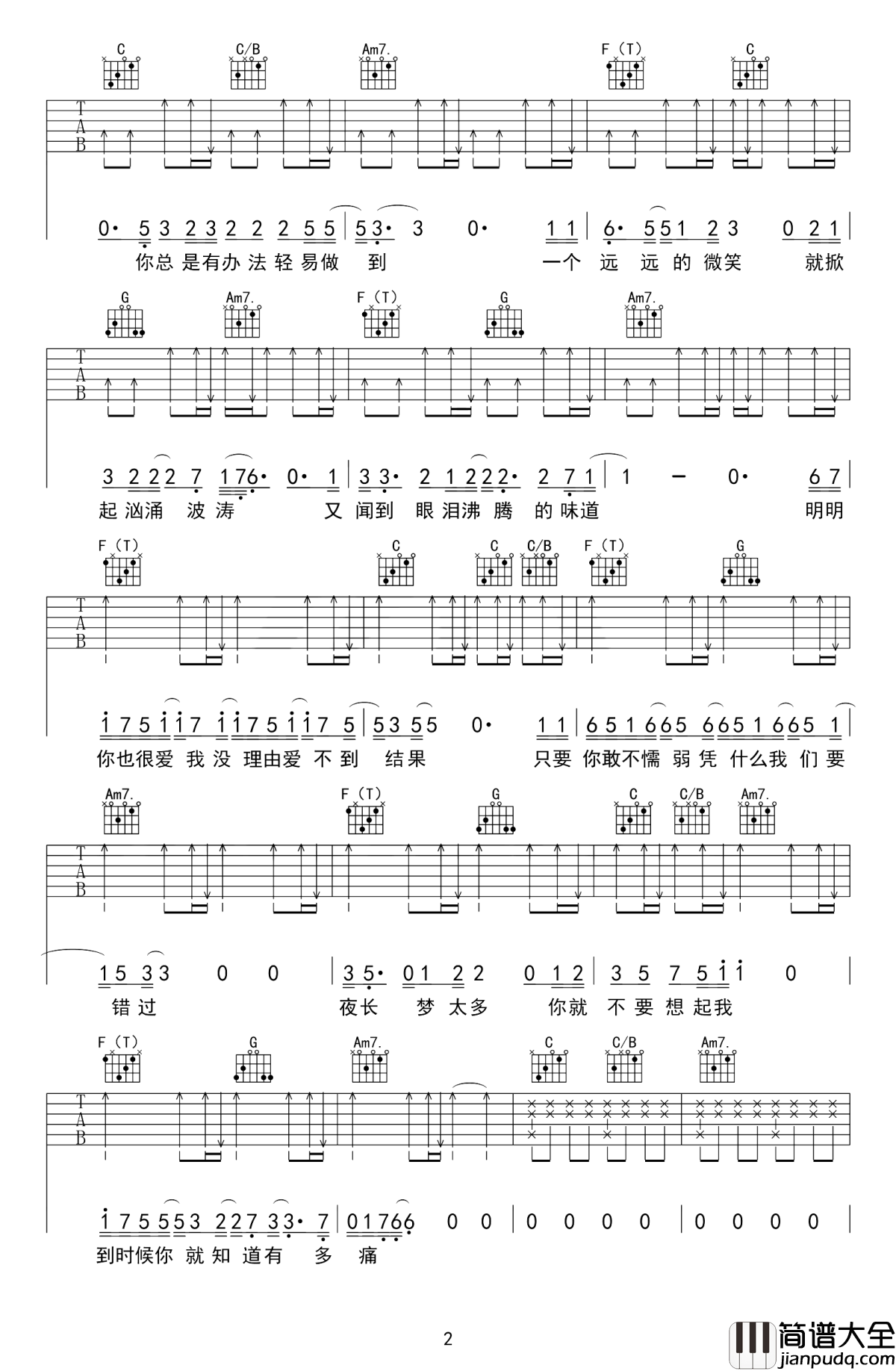 你就不要想起我吉他谱_田馥甄_明明你也还爱我_没理由爱不到结果
