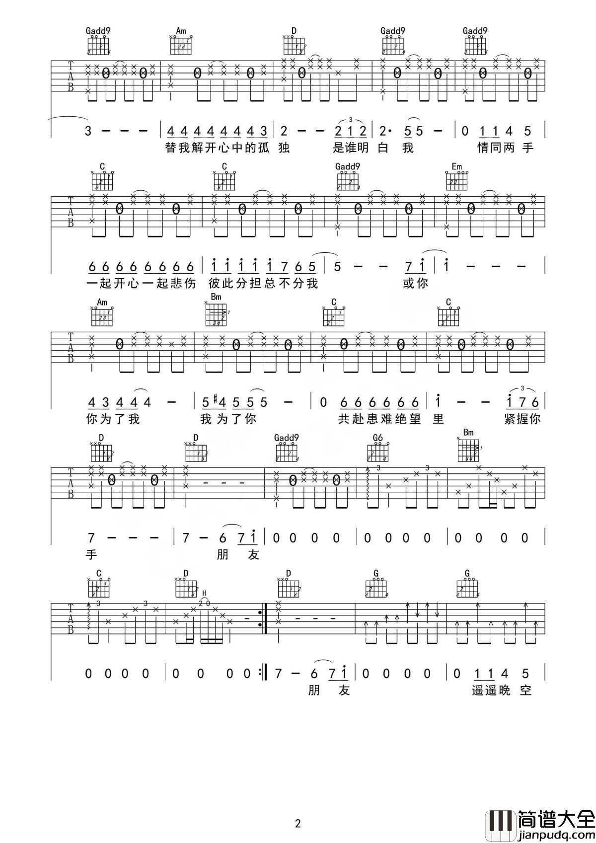 朋友吉他谱_谭咏麟_共赴患难绝望里_紧握你手