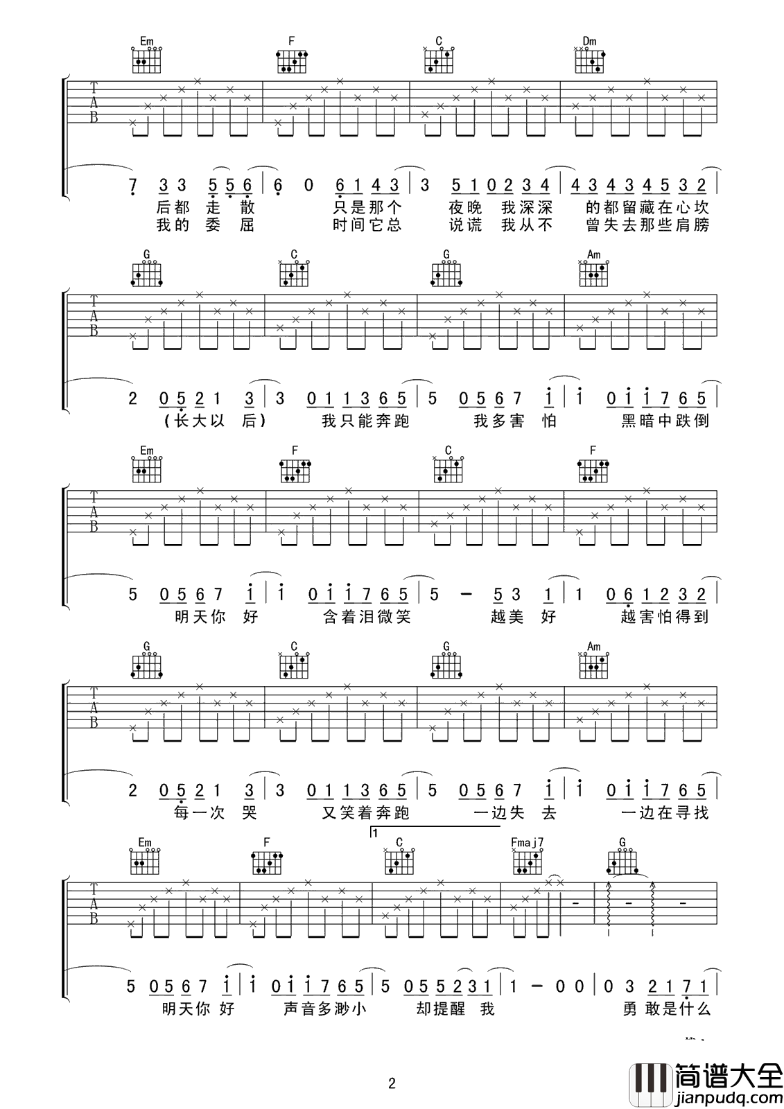明天你好吉他谱_王俊凯&王源版本，对过去say_goodbye,对未来say_hello