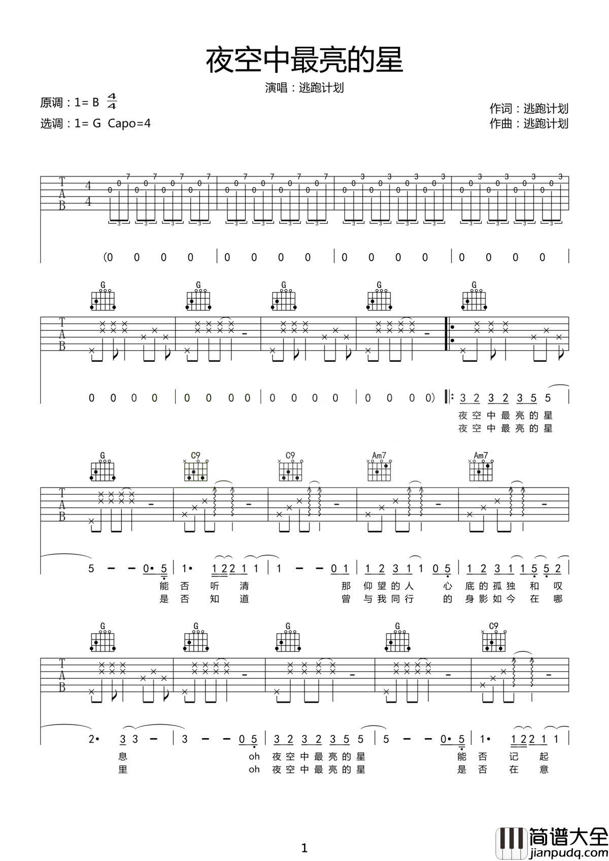 夜空中最亮的星吉他谱_逃跑计划_能否听清__那仰望的人_心底的孤独和叹息