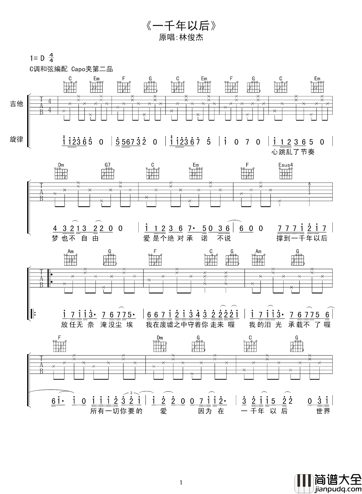 一千年以后吉他谱_林俊杰_别等到_一千年以后__所有人都遗忘了我