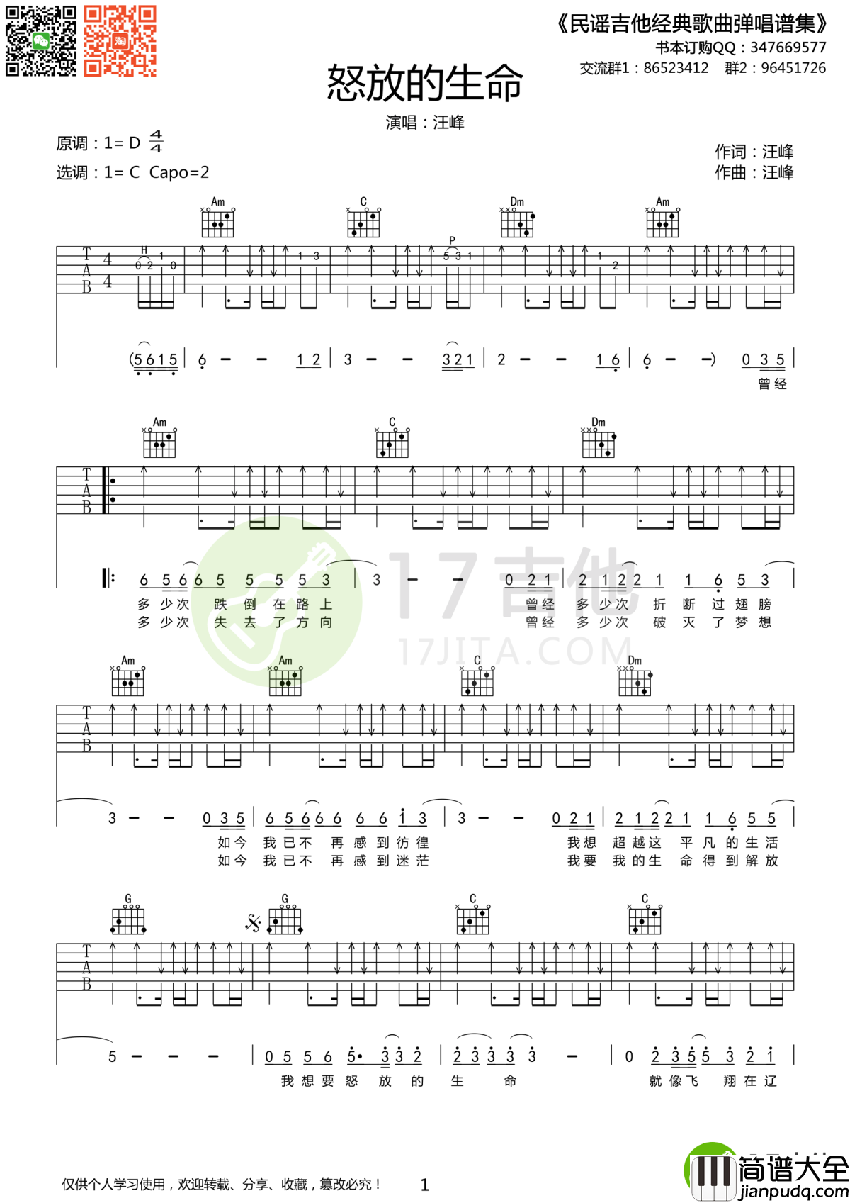 怒放的生命吉他谱_汪峰_就像穿行在璀璨的星河