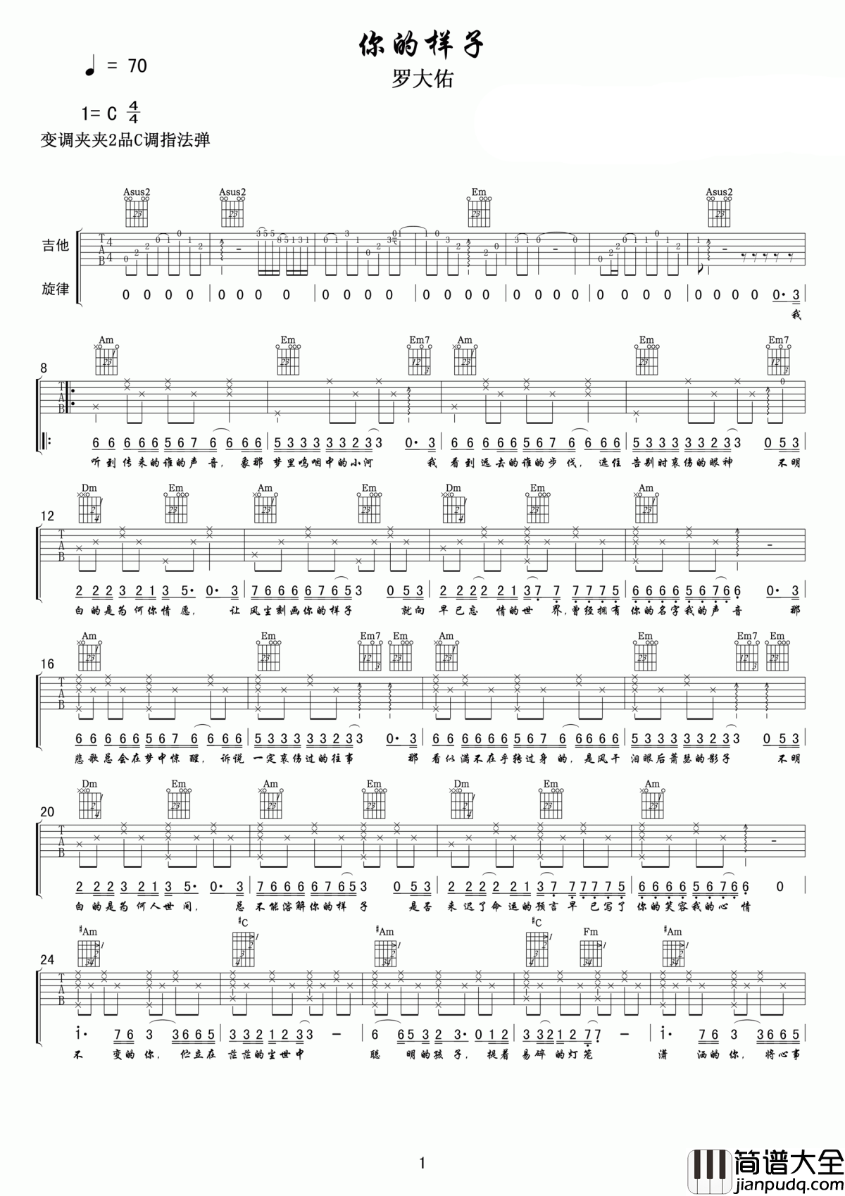 你的样子吉他谱_罗大佑_曾经拥有你的名字我的声音