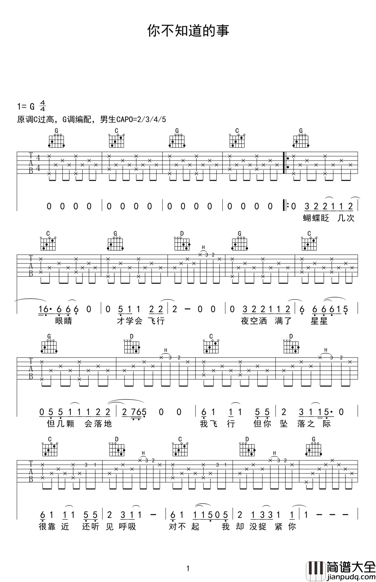 你不知道的事吉他谱_王力宏_盘旋在你看不见的高空里