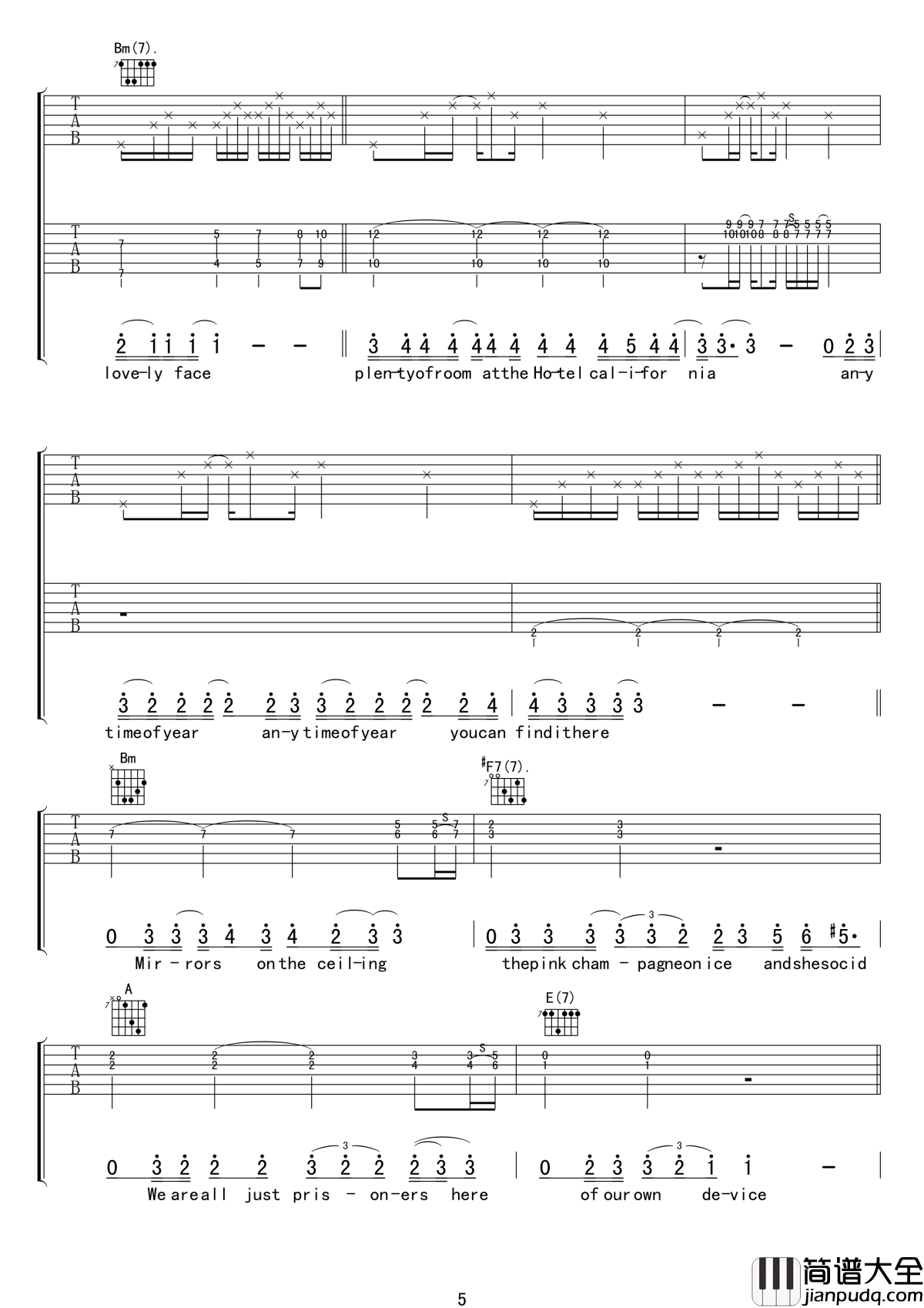 加州旅馆吉他谱_老鹰乐队_摆脱被奴役的命