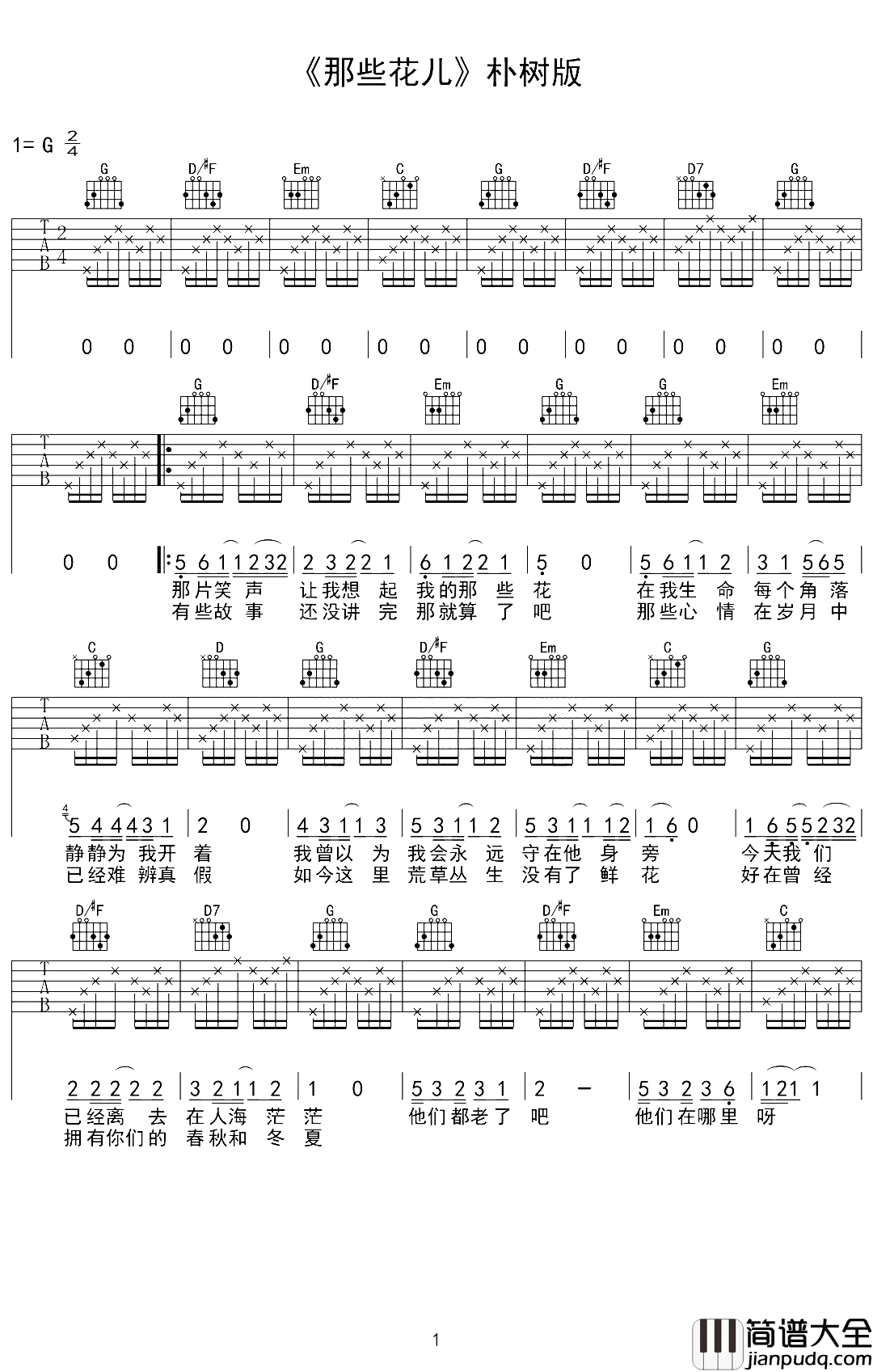 那些花儿吉他谱_朴树_她们已经被风带走散落在天涯