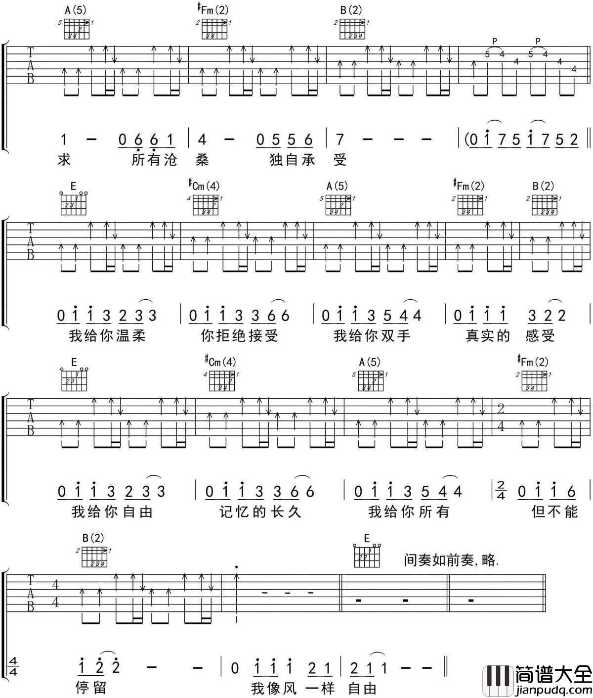 像风一样自由吉他谱_许巍_我给你所有_但不能停留