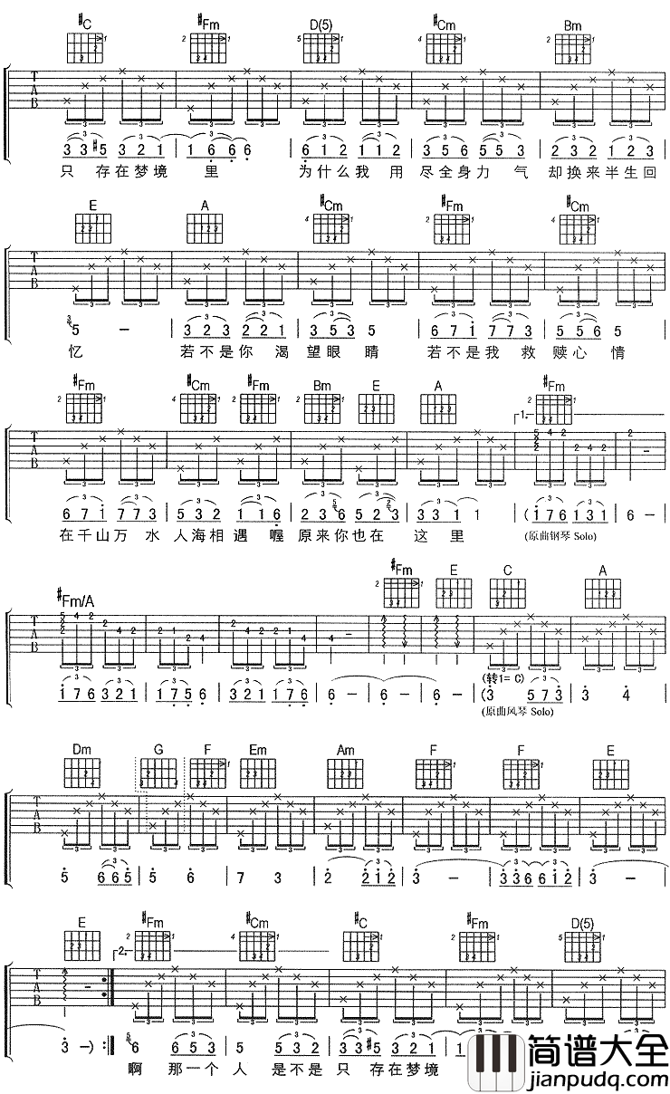 原来你也在这里吉他谱_刘若英_千言万语只能无语