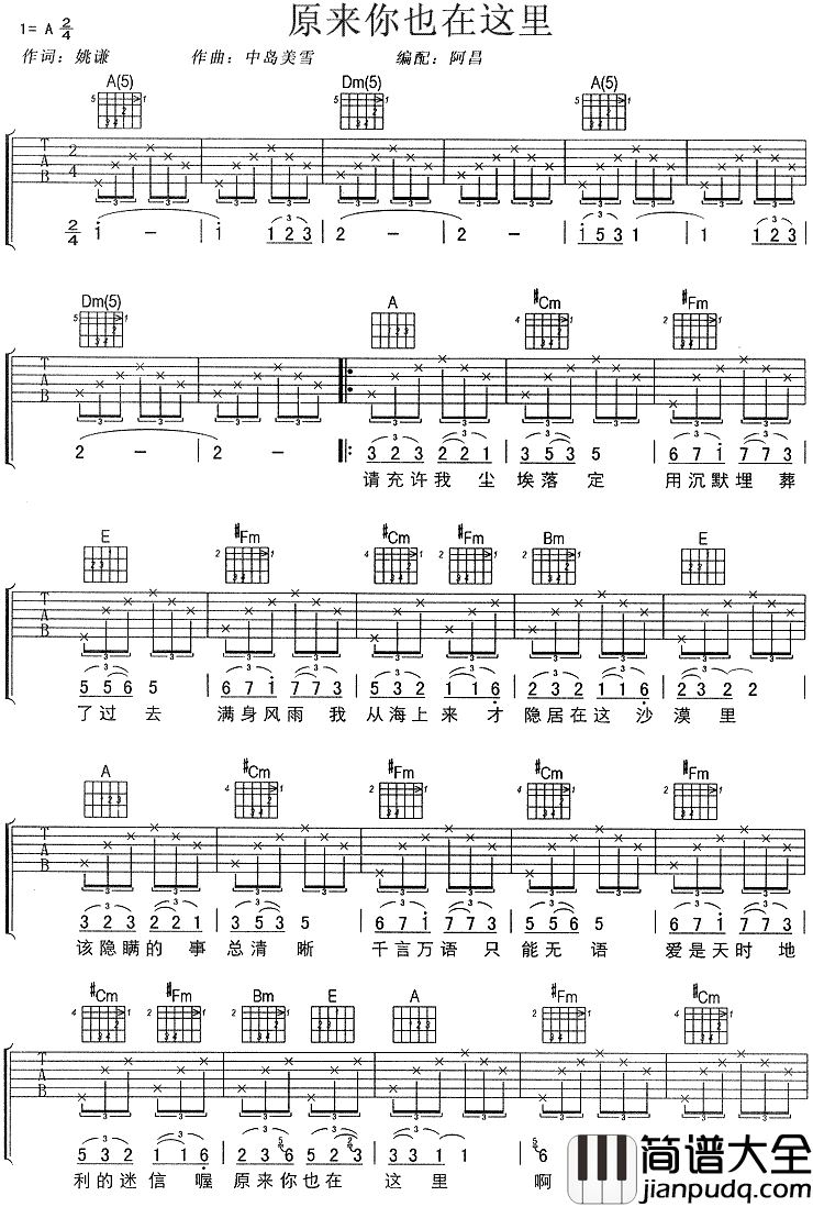 原来你也在这里吉他谱_刘若英_千言万语只能无语
