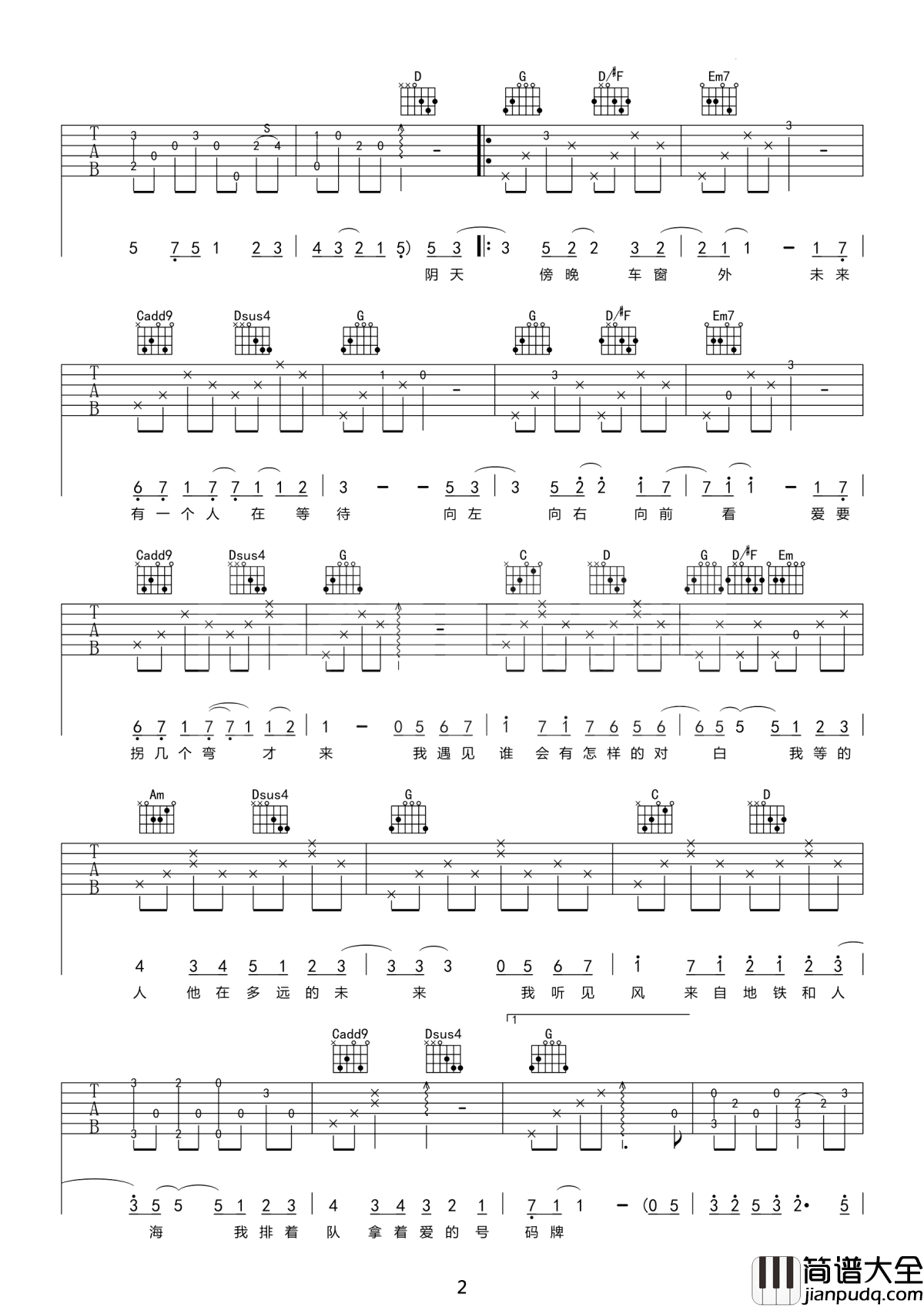 遇见吉他谱_孙燕姿_我等的人_他在多远的未来