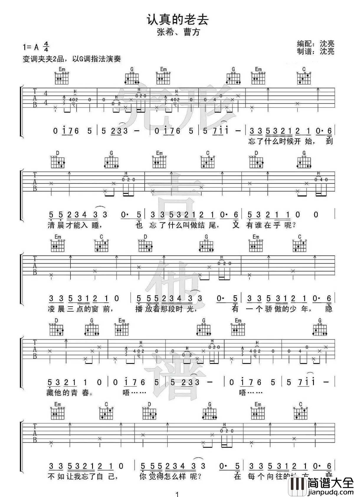 认真的老去吉他谱_张希/曹方_待明白过来时，只能选择认真地老去