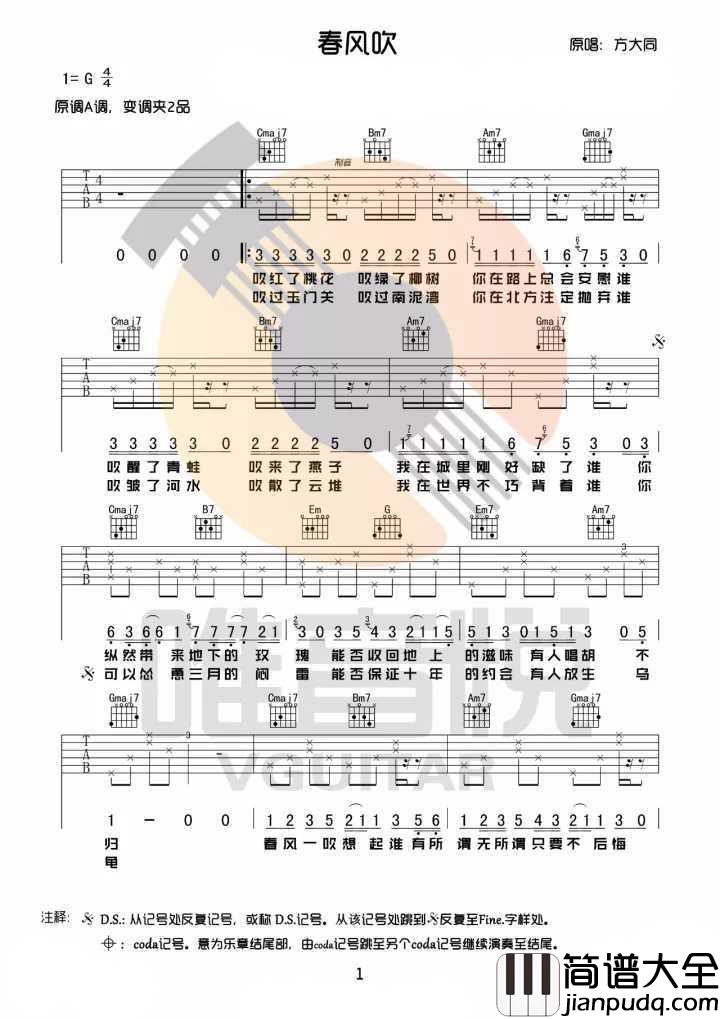春风吹吉他谱__方大同|春风一吹想起谁,有所谓,无所谓