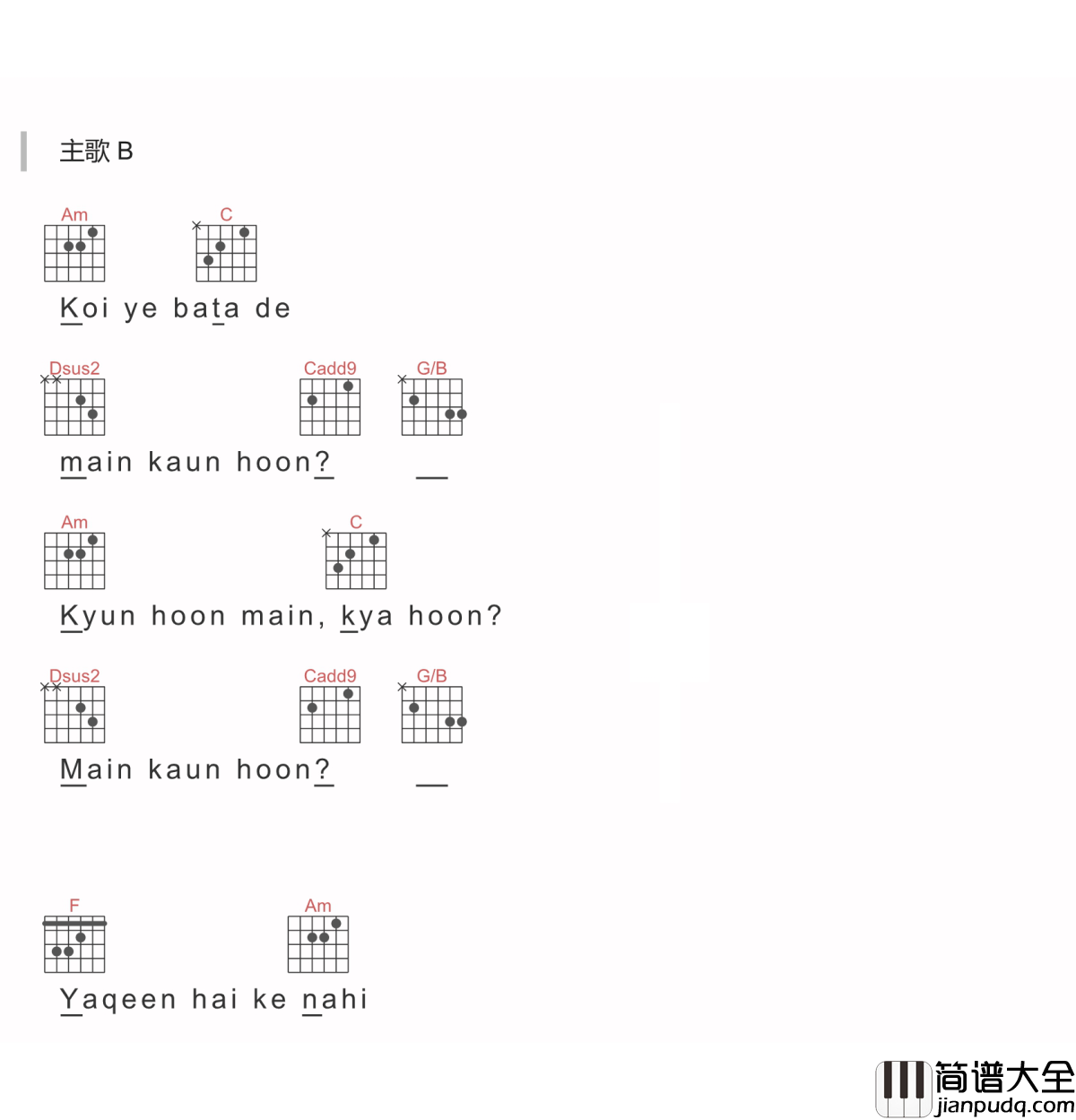 Main_Kaun_Hoon吉他谱_Meghna_Mishra_电影_神秘巨星_插曲