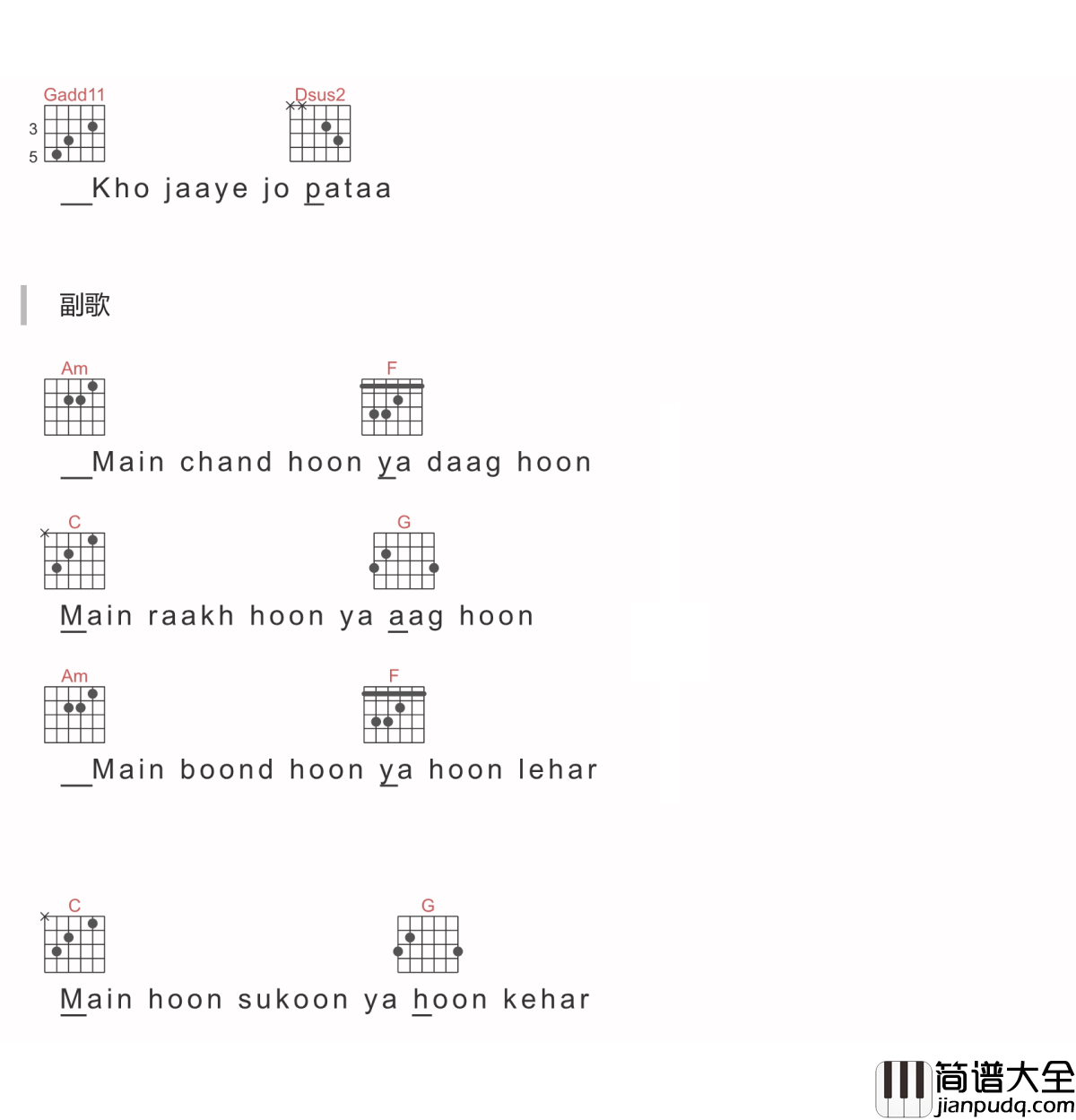 Main_Kaun_Hoon吉他谱_Meghna_Mishra_电影_神秘巨星_插曲