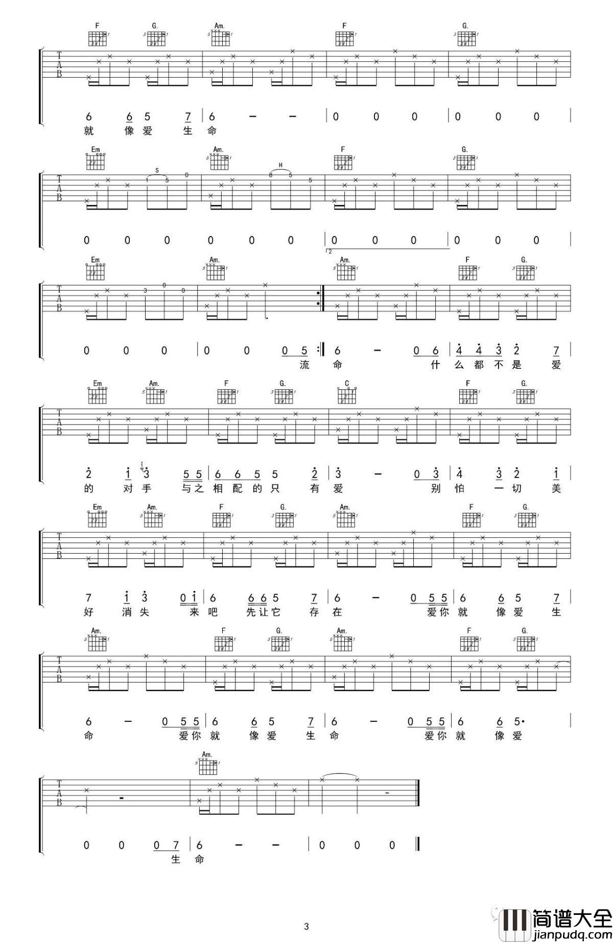 爱你就像爱生命吉他谱_房东的猫_吴先生TAB制谱