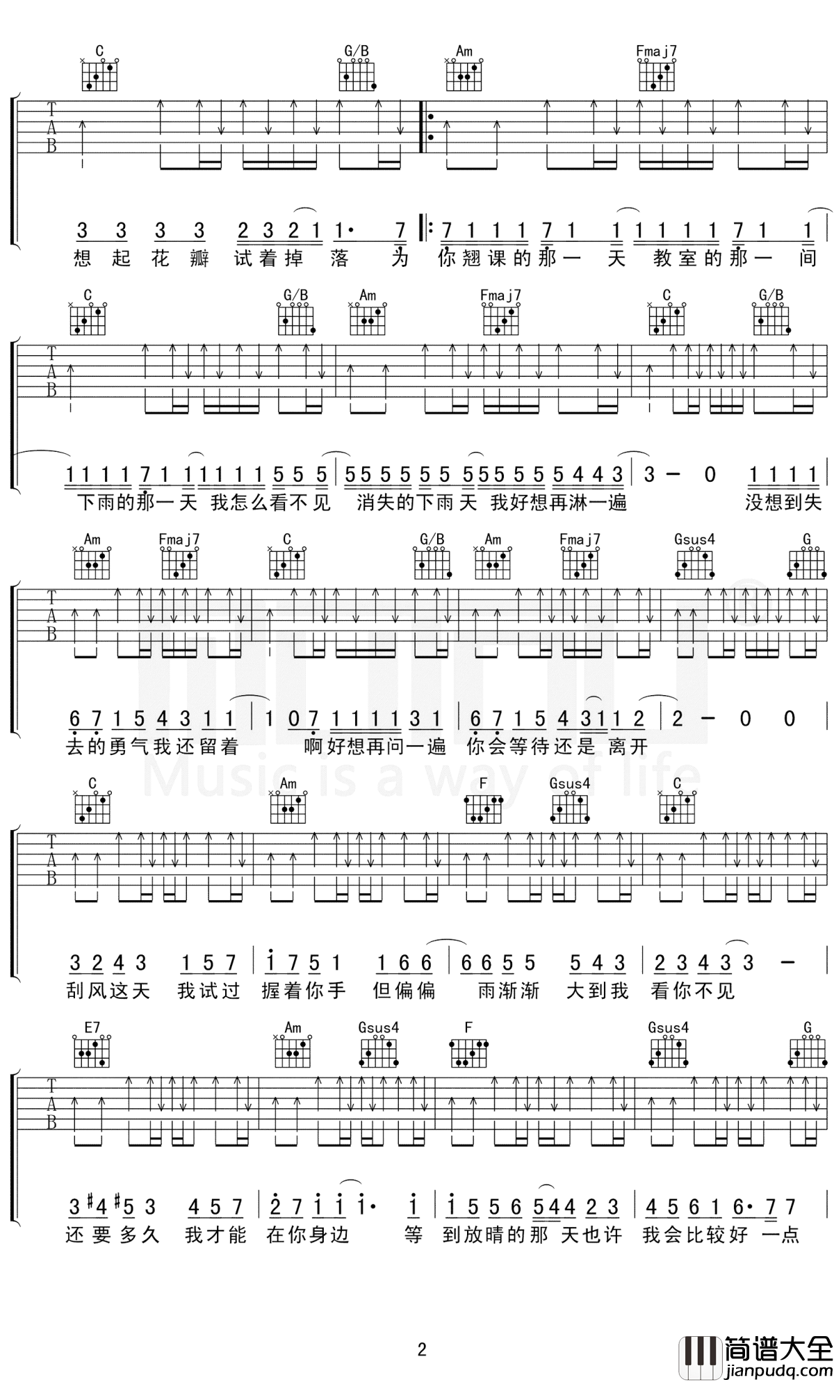 晴天吉他谱_C调带说唱部分_周杰伦