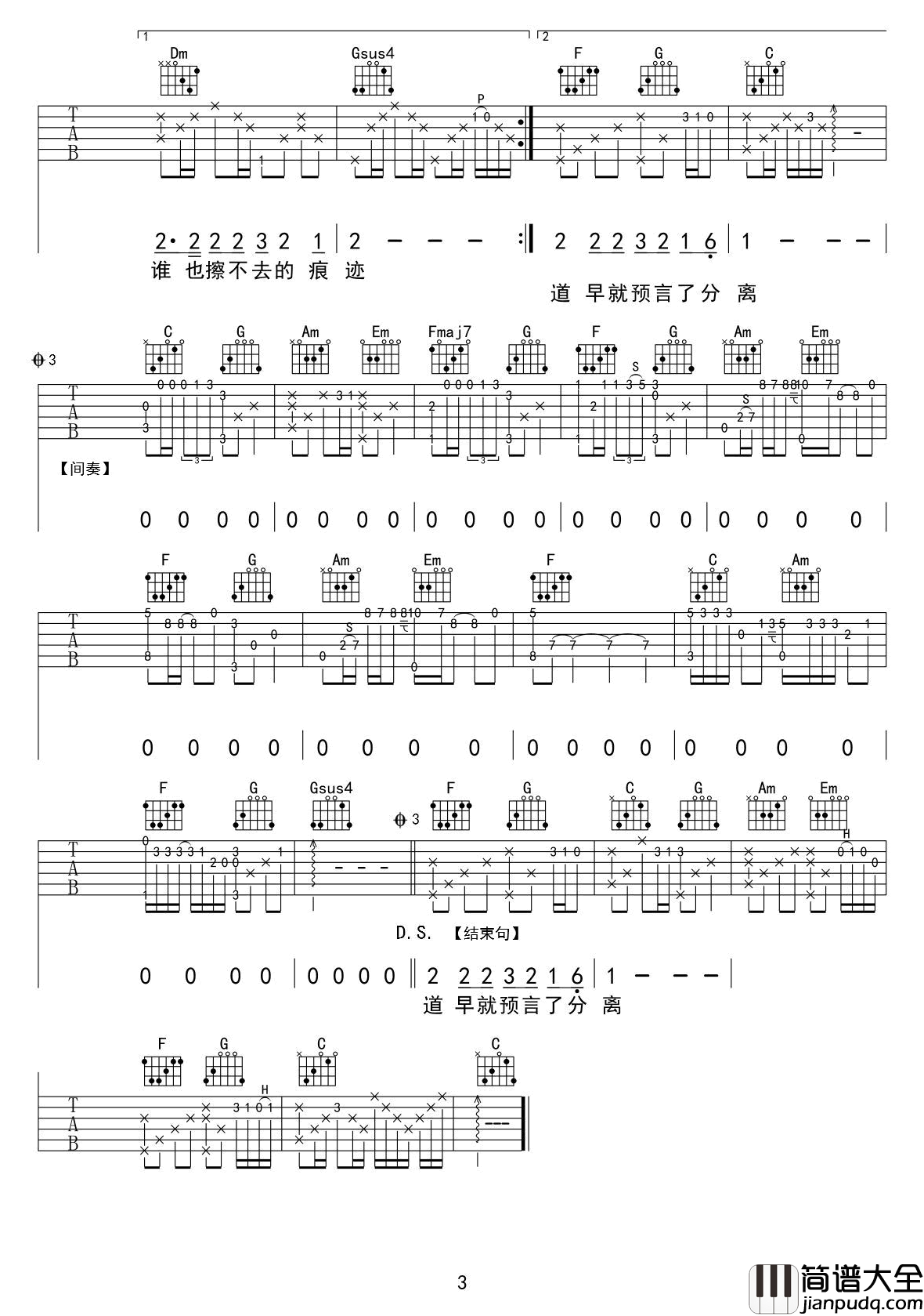 哭砂吉他谱_C调六线谱_张惠妹_高清版