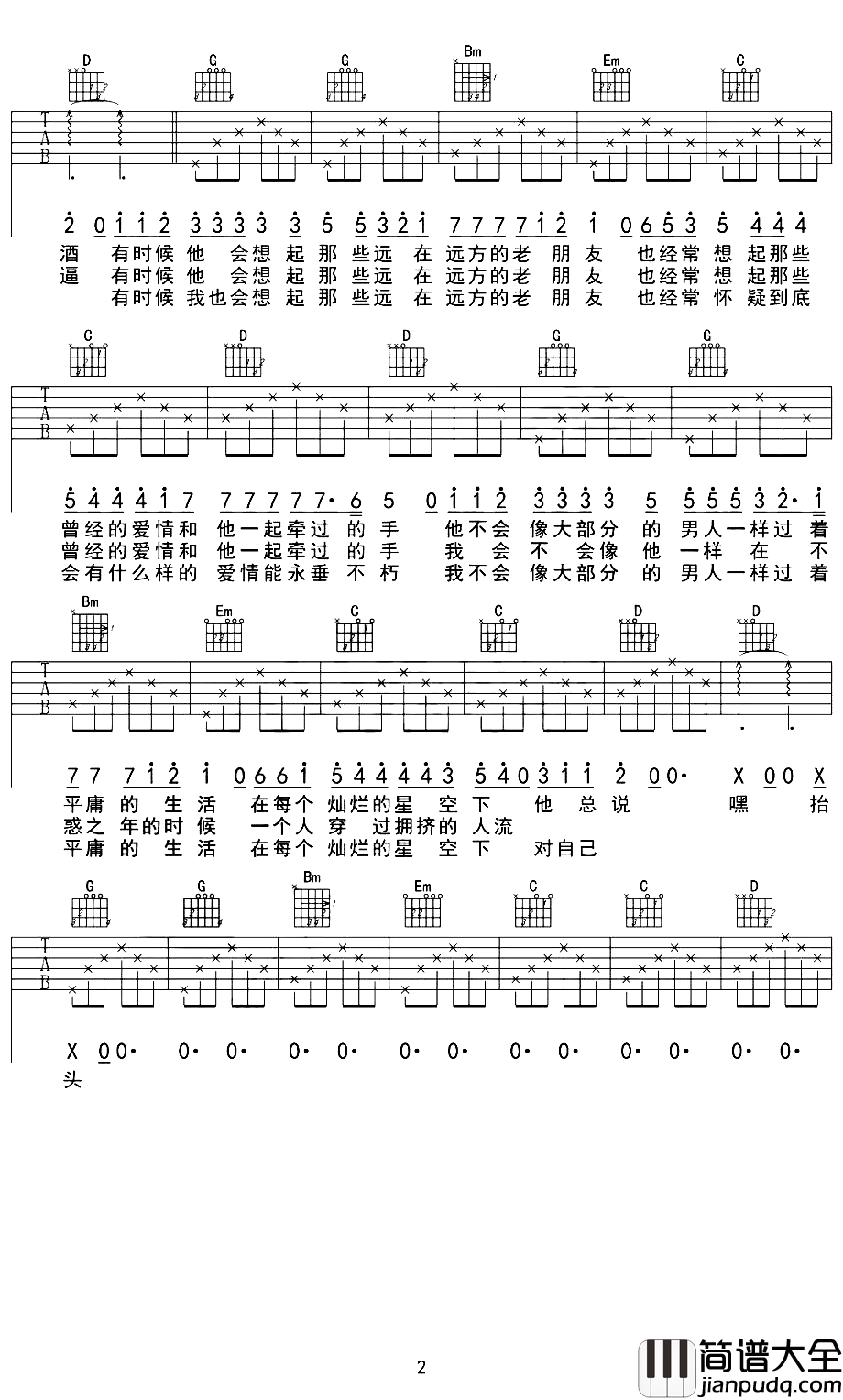 嘿抬头吉他谱_贰佰_嘿，抬头，我的眼中带着光