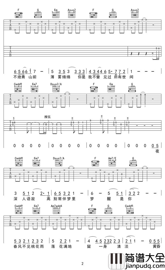 世间吉他谱_王宇良_你不曾出现在我的梦里