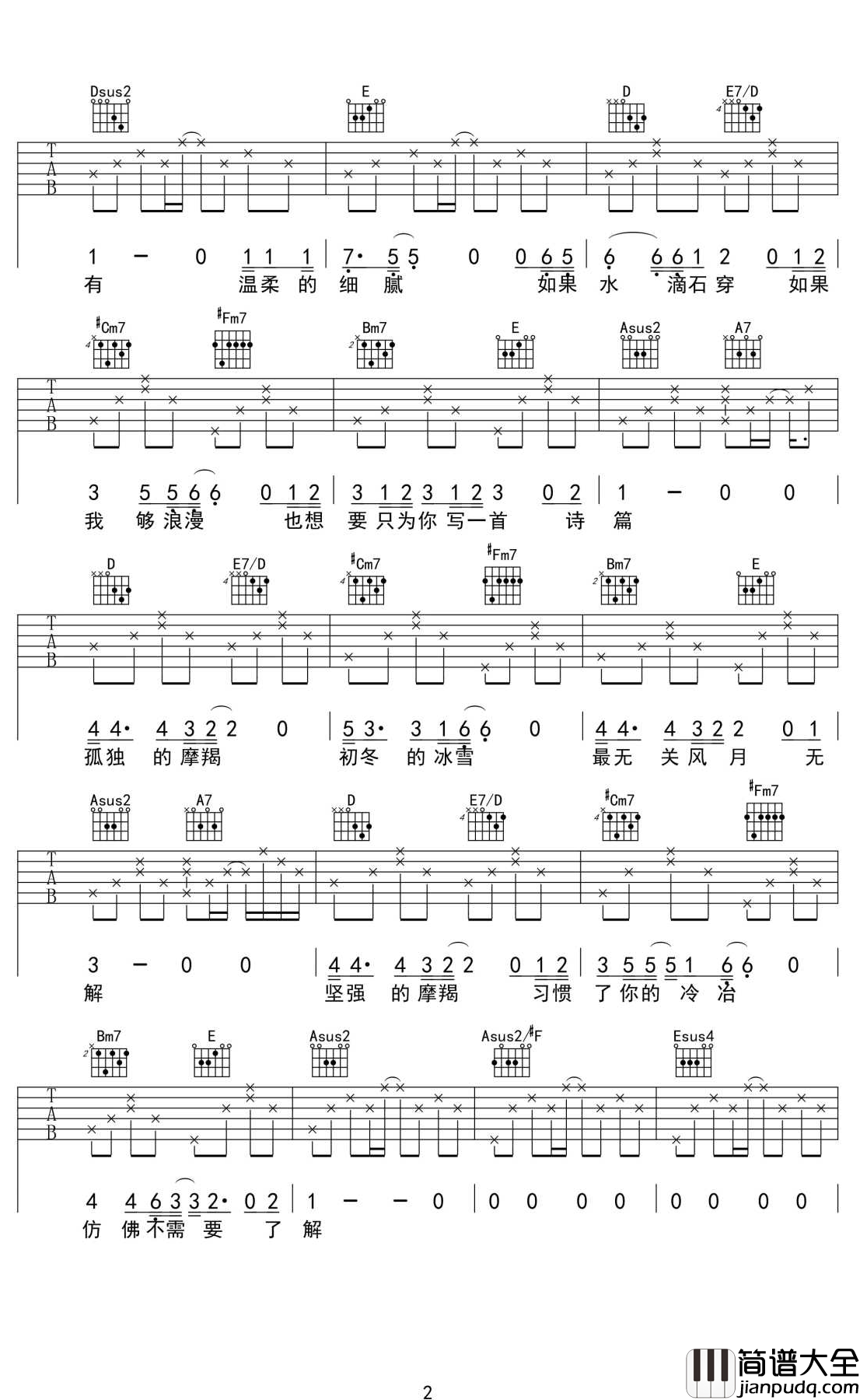 摩羯座吉他谱_陶辰宇_弹唱六线谱_高清版