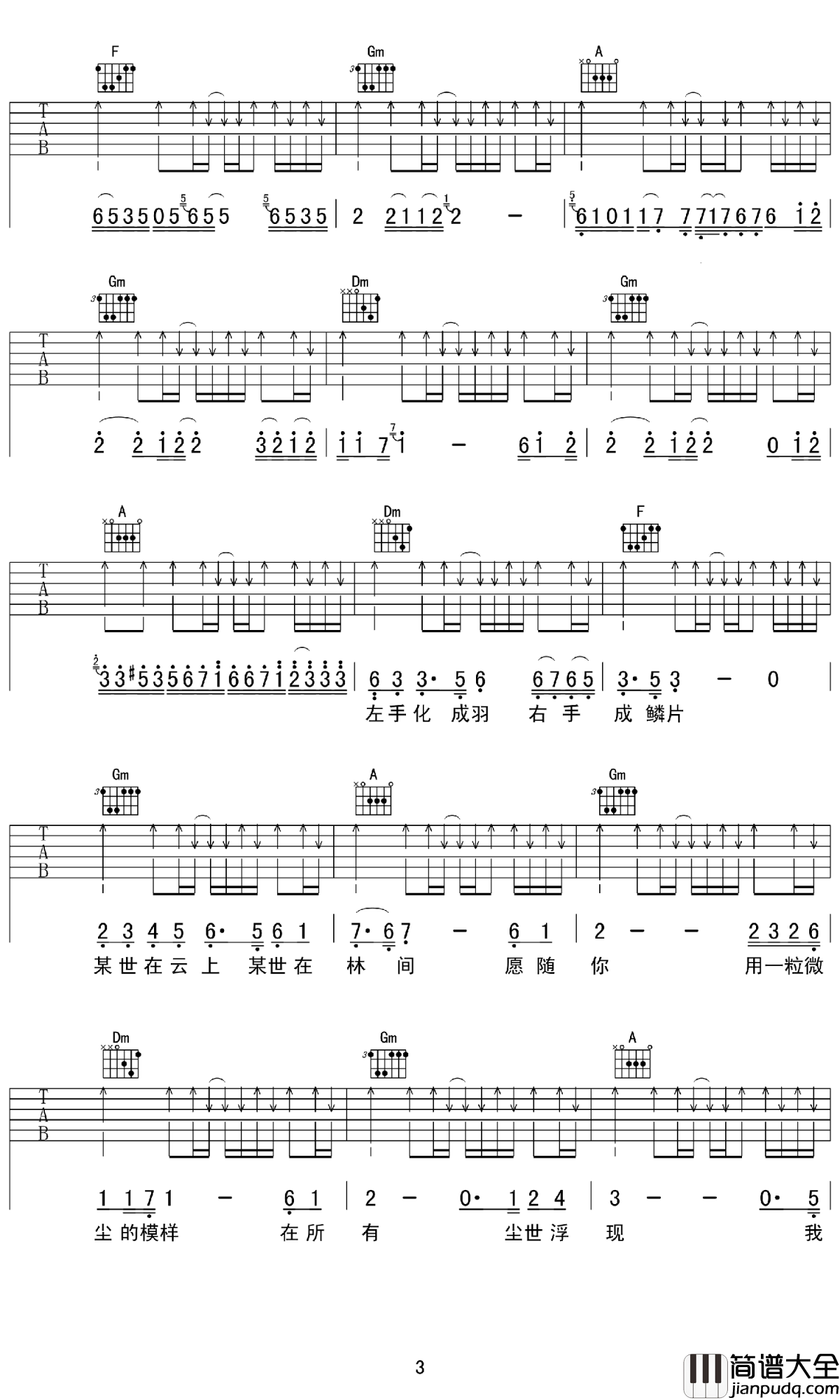 左手指月吉他谱_F调_萨顶顶_弹唱六线谱