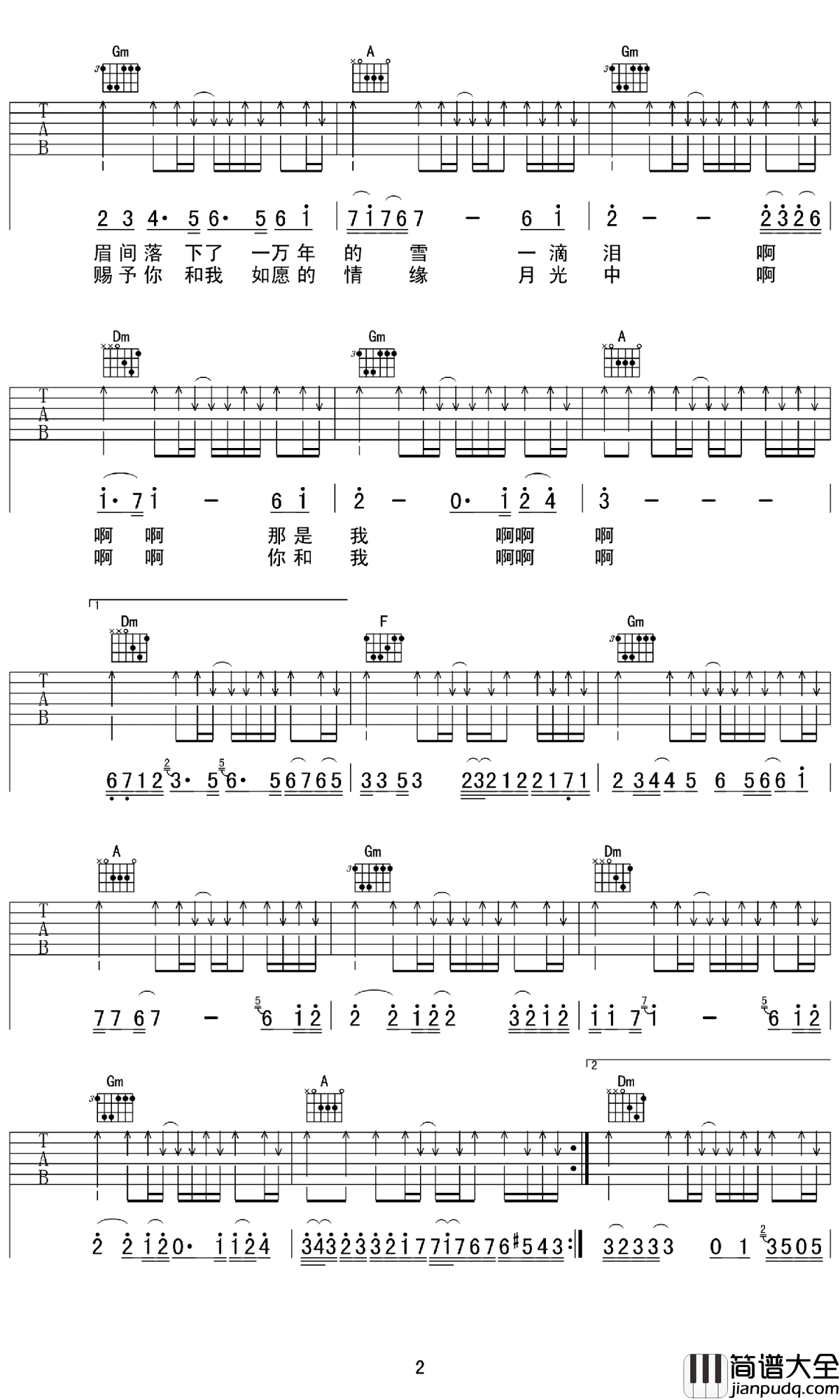 左手指月吉他谱_F调_萨顶顶_弹唱六线谱