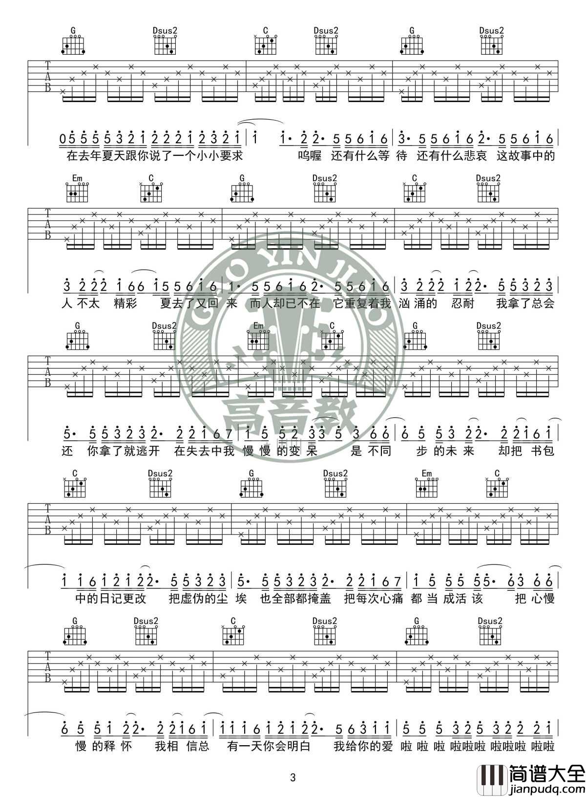 去年夏天吉他谱_G调入门版_王大毛_高音教编配
