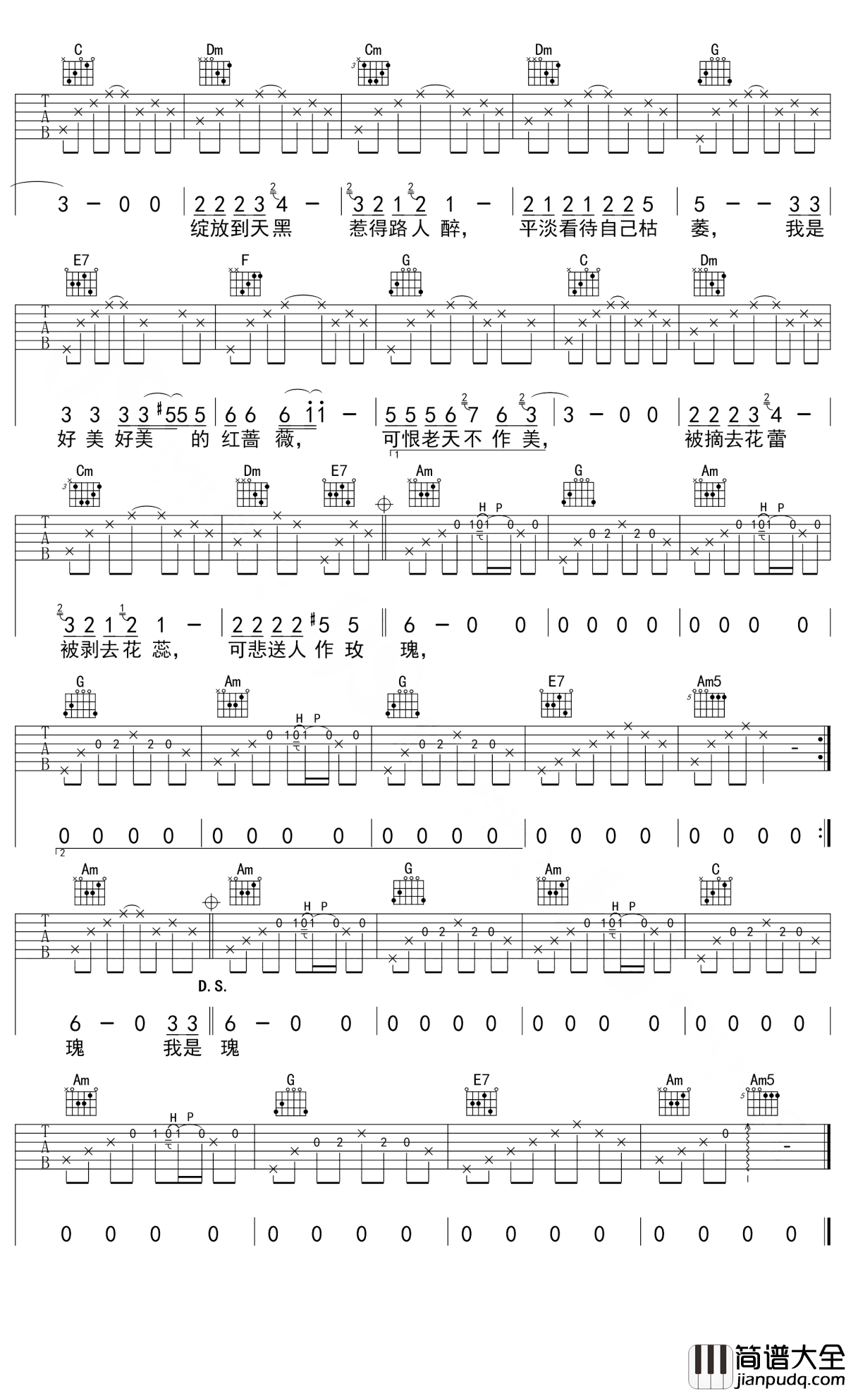 红蔷薇吉他谱_丽江小倩/韩红_地是床，天是被，流星是眼泪