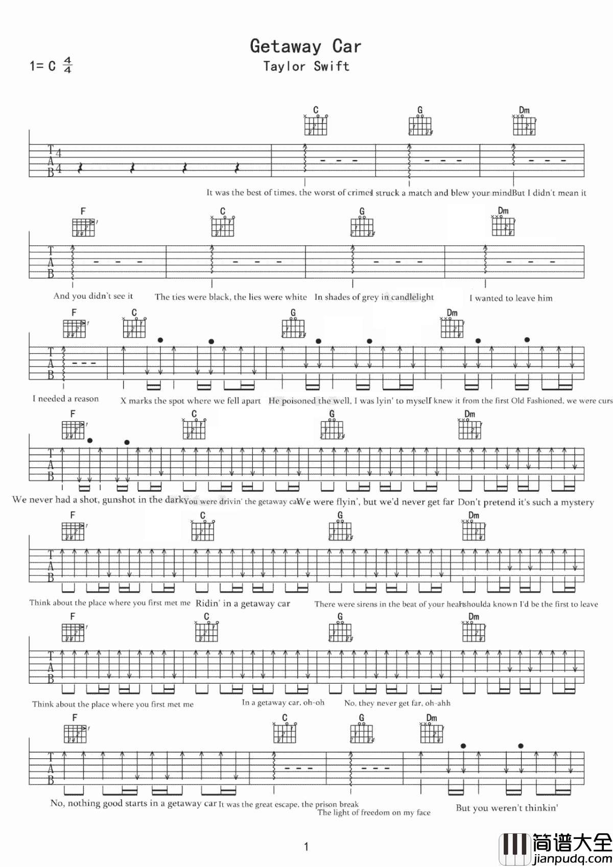 Getaway_Car吉他谱_Taylor_Swif_若隐若现,若即若离