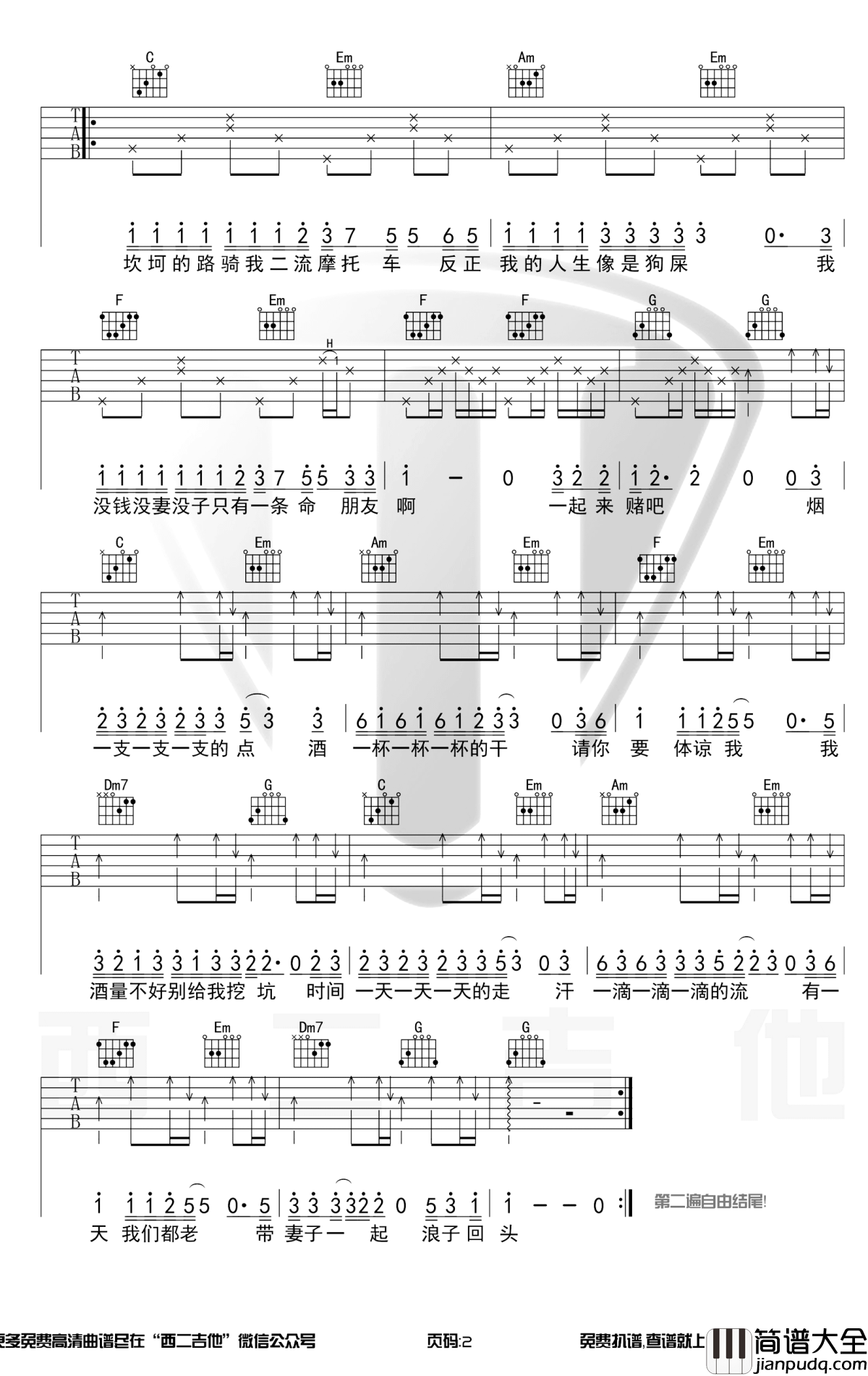 浪子回头吉他谱_C调_茄子蛋_弹唱六线谱