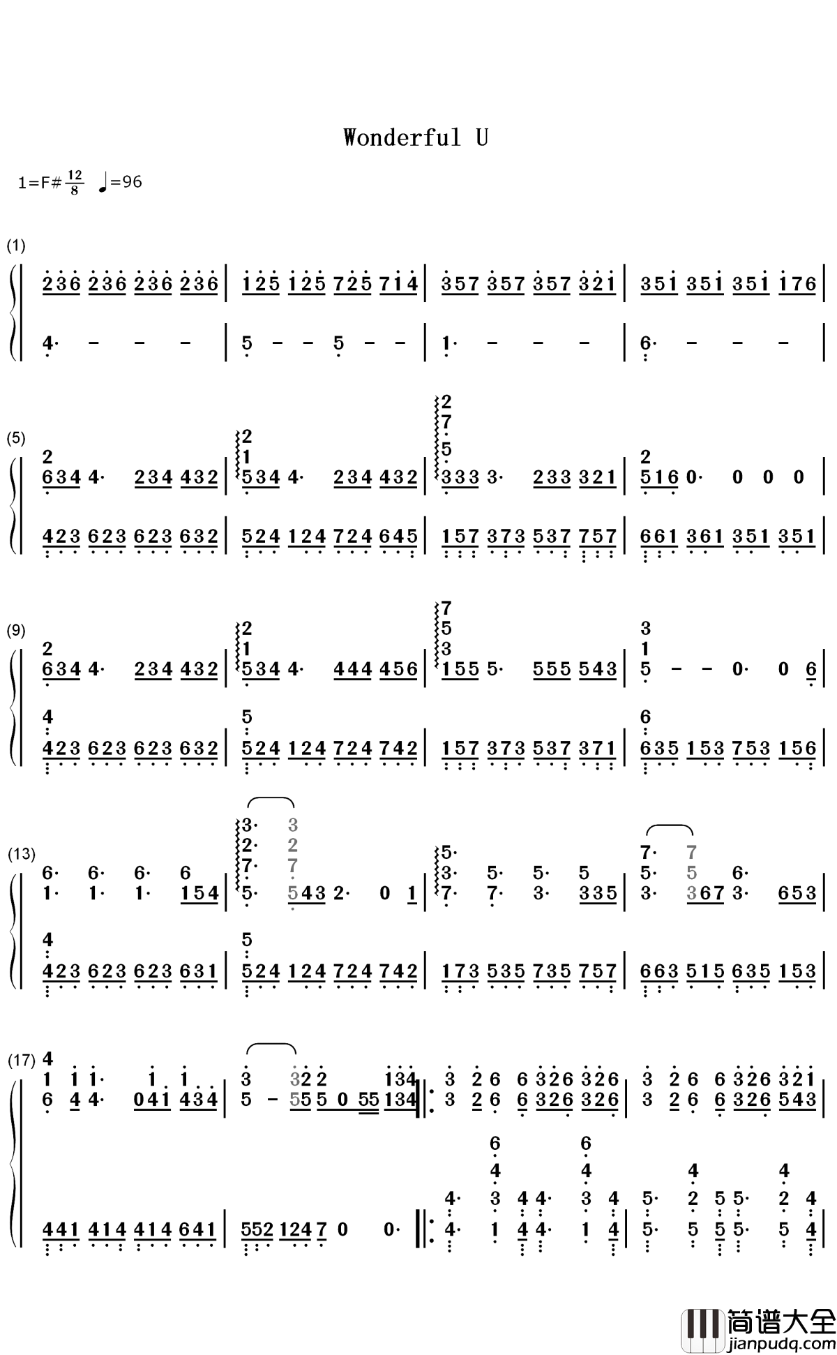 Wonderful_U简谱_AGA_一场快要窒息而又渴望一丝温暖的无奈自救