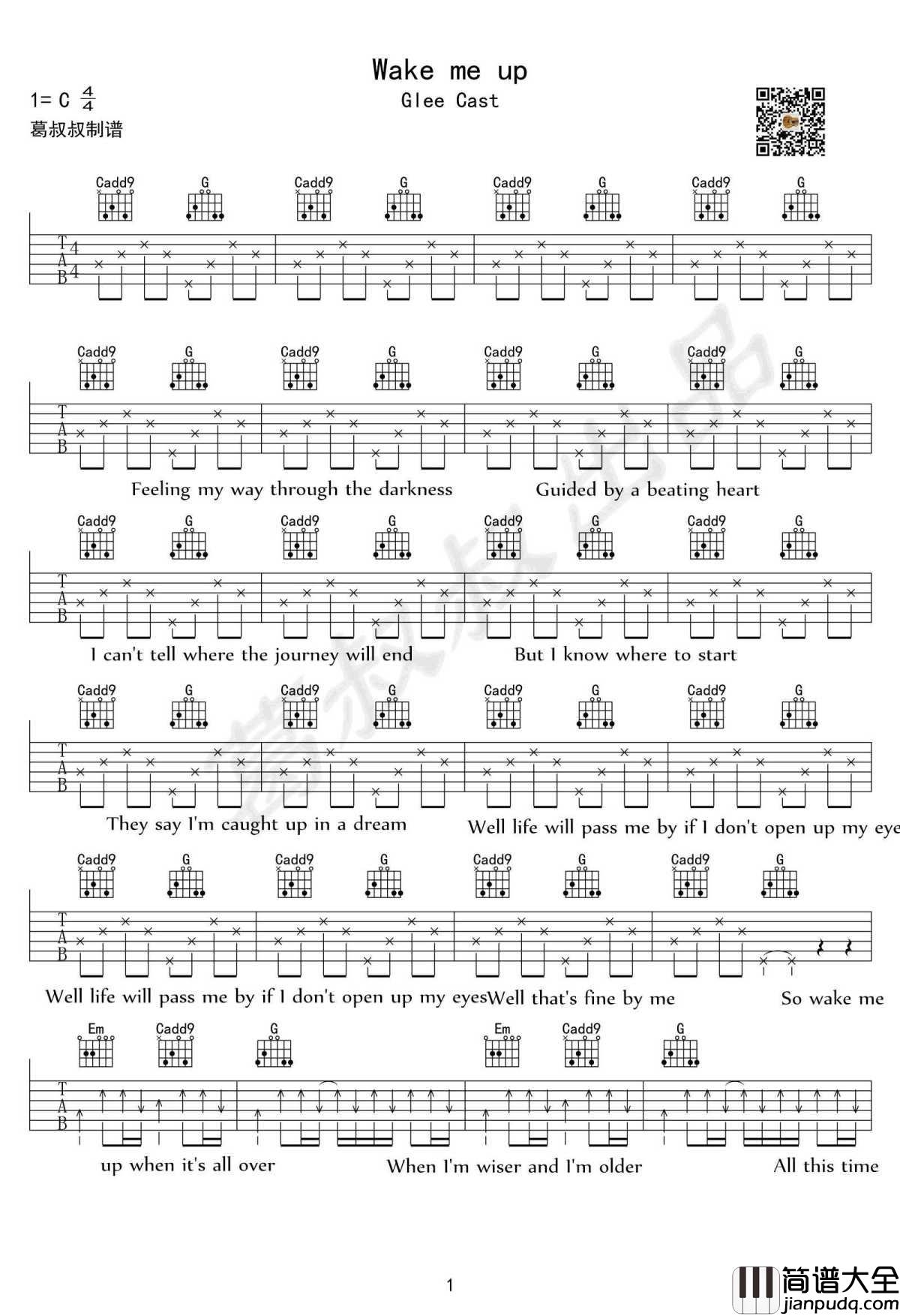 Wake_me_up吉他谱_C调弹唱谱_Glee_Cast欢乐合唱团