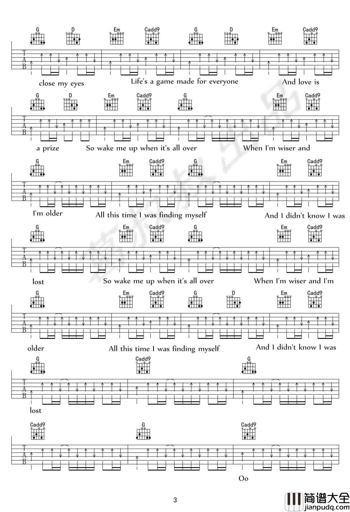 Wake_me_up吉他谱_C调弹唱谱_Glee_Cast欢乐合唱团