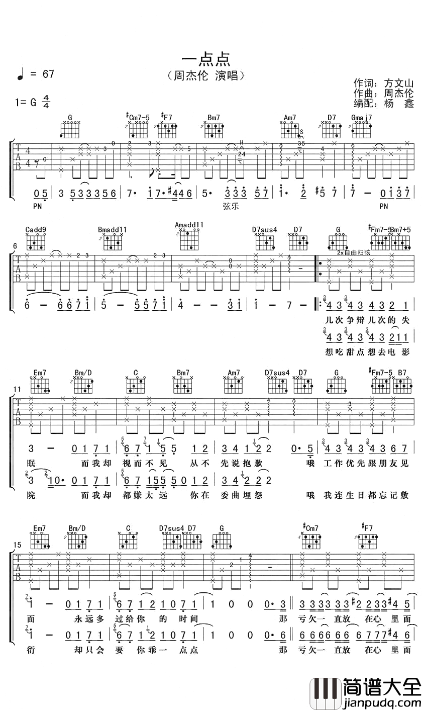 一点点吉他谱_周杰伦_请求只有一点点，不要离开我身边