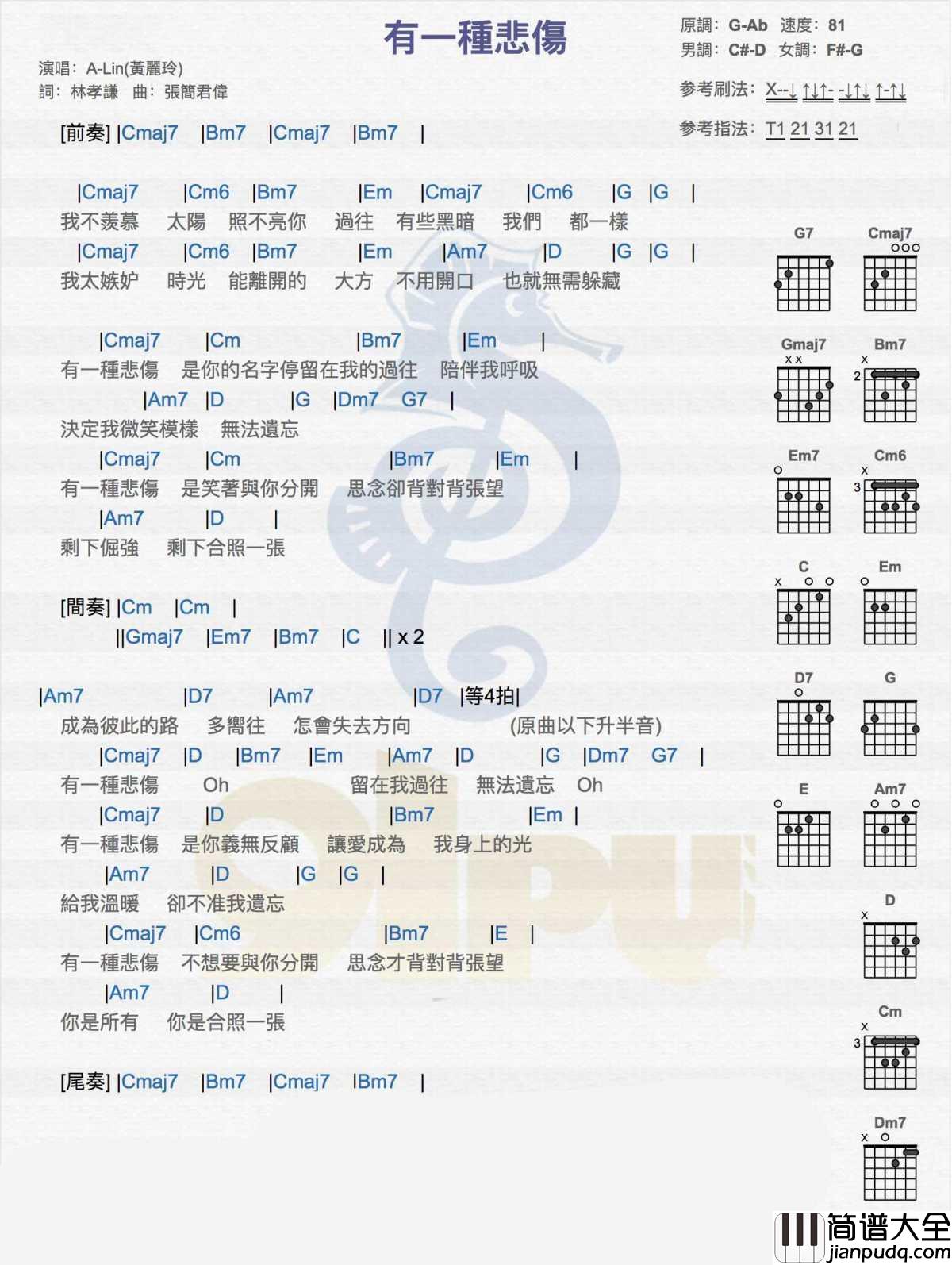 有一种悲伤吉他谱_黄丽玲_G调吉他弹唱谱_电影_比悲伤更悲伤的故事_主题曲