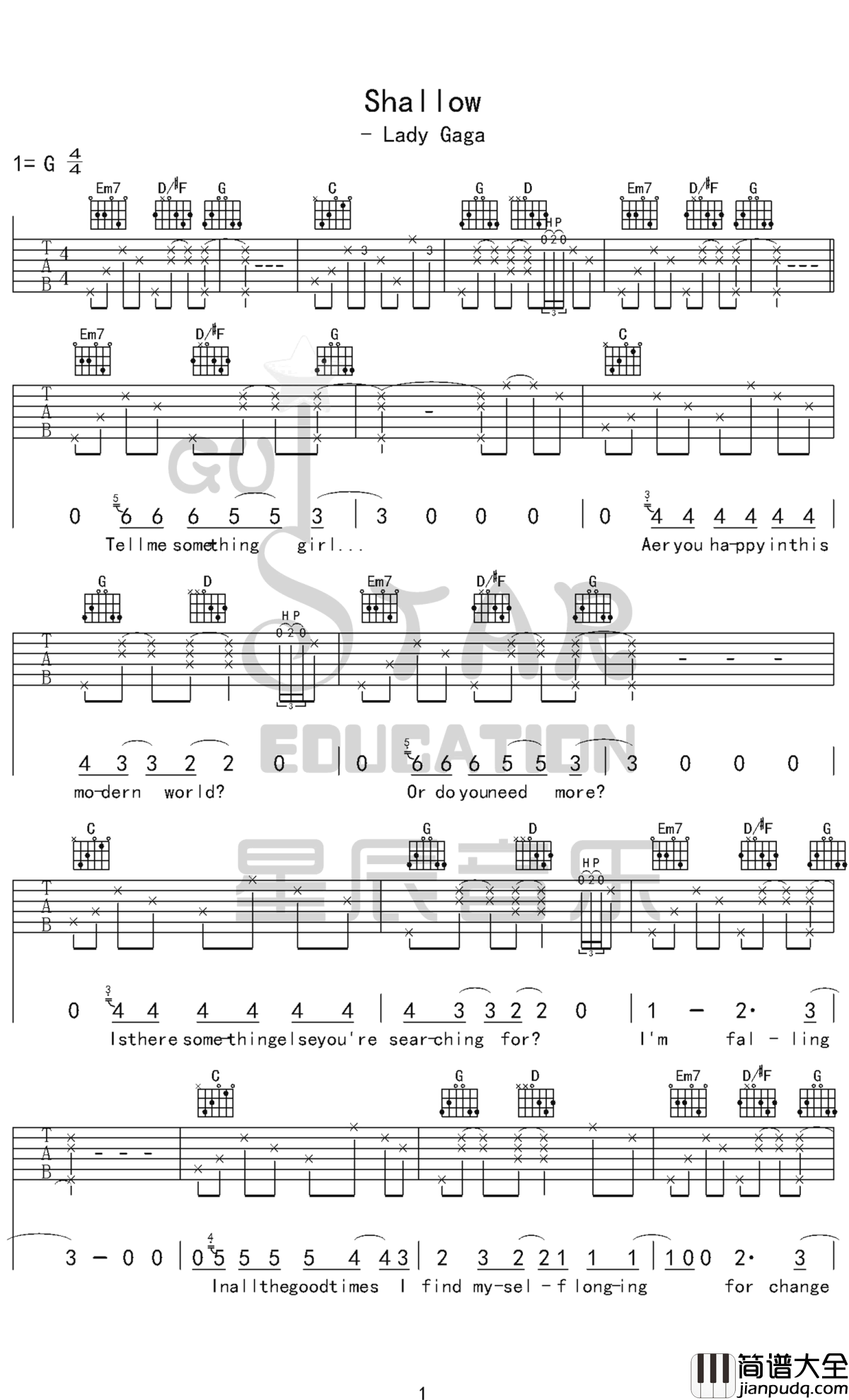 Shallow吉他谱_Lady_Gaga_唯有荒诞能冲淡悲伤